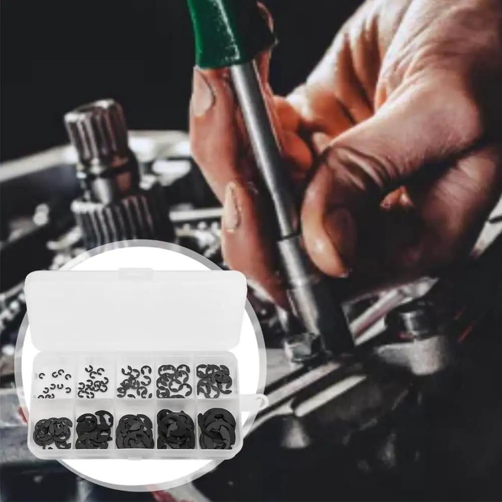 Close-up of 120 Pcs E Clips Assortment Set Heat Treated External Retaining Clips Manganese Steel Snap Rings Kit with tools