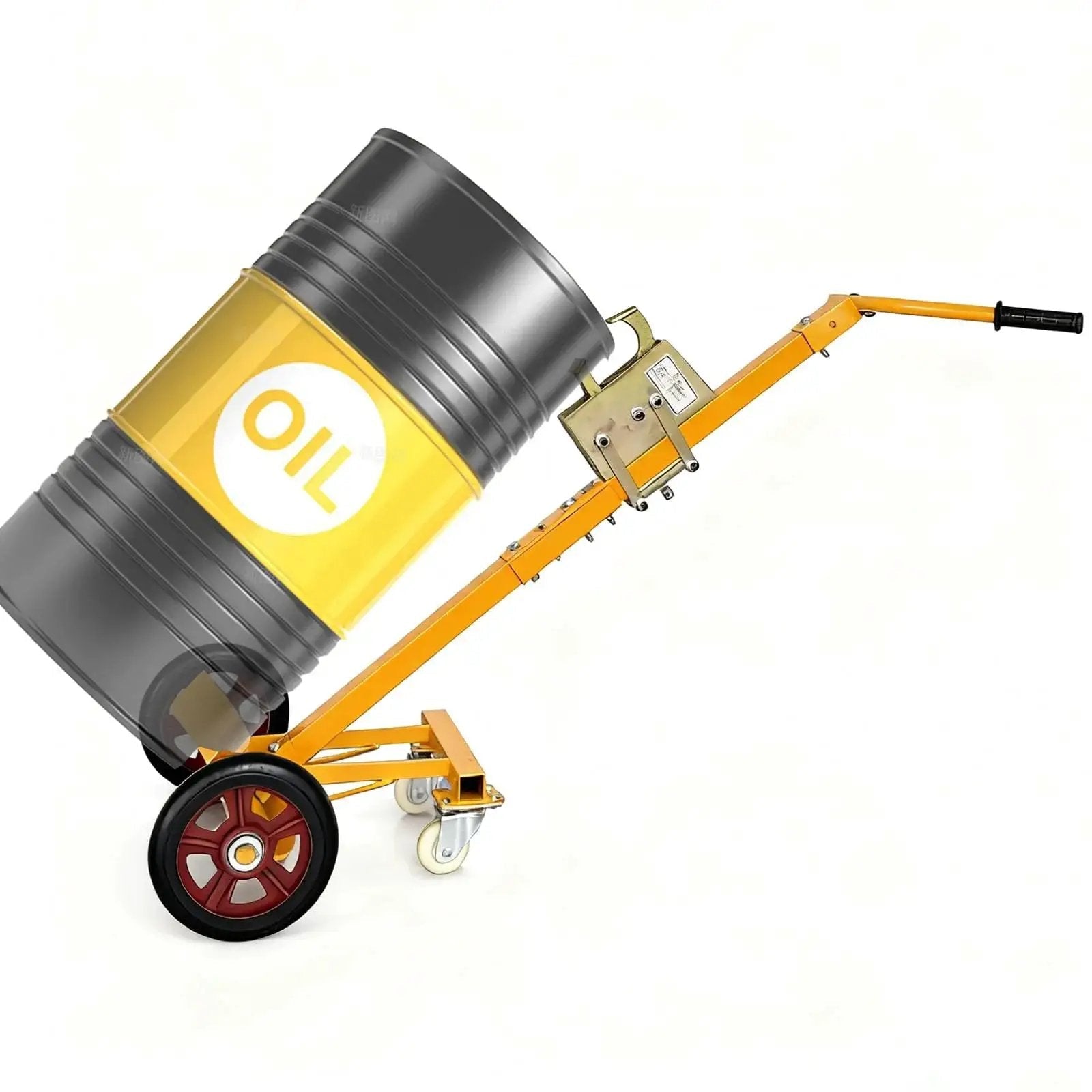 Heavy Duty Drum Cart For 55 Gallon Drums With Tilt Back Steel Construction And Nylon Wheels, ideal for oil drum transport
