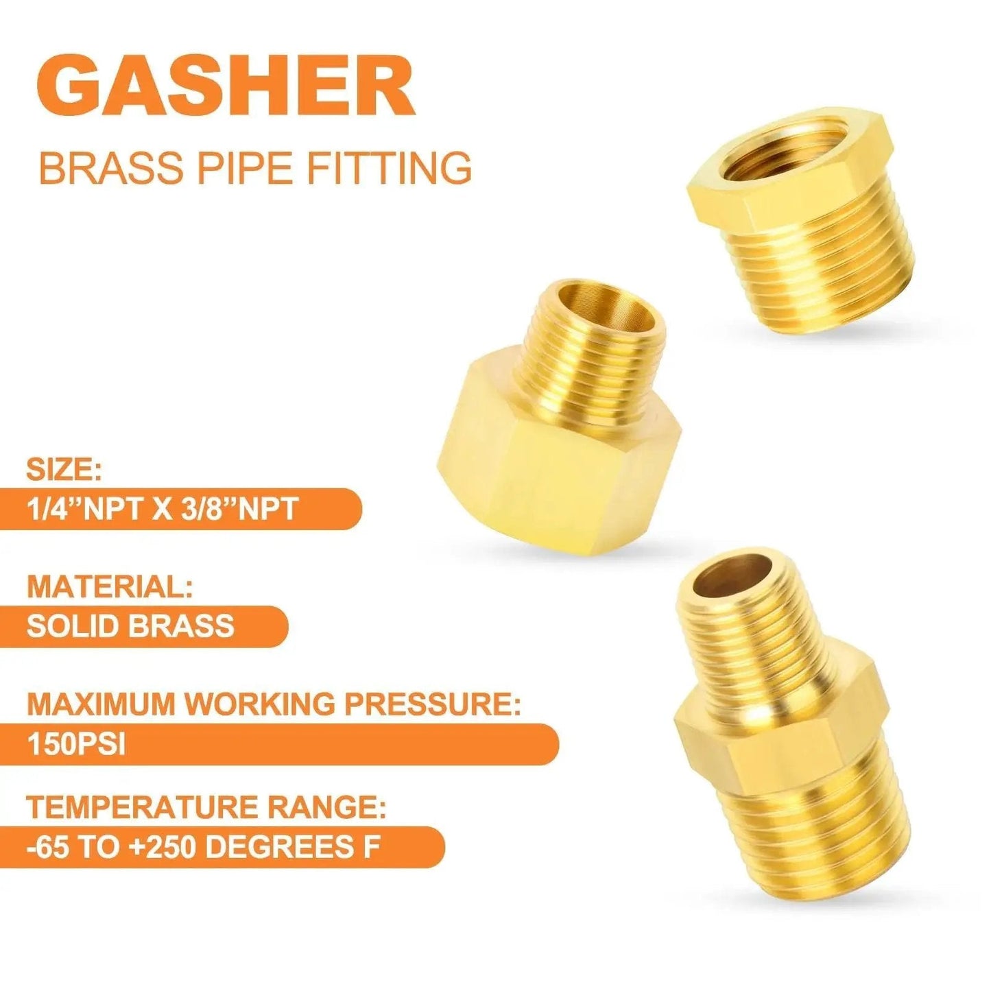 Durable Brass Pipe Fitting Set With 15 Pieces Including Hex Bushings Reducer Adapters And Reducing Nipples Three Eighths Inch NPT To Quarter Inch NPT Solid Brass Construction For Plumbing And DIY From GASHER image showing brass fittings.