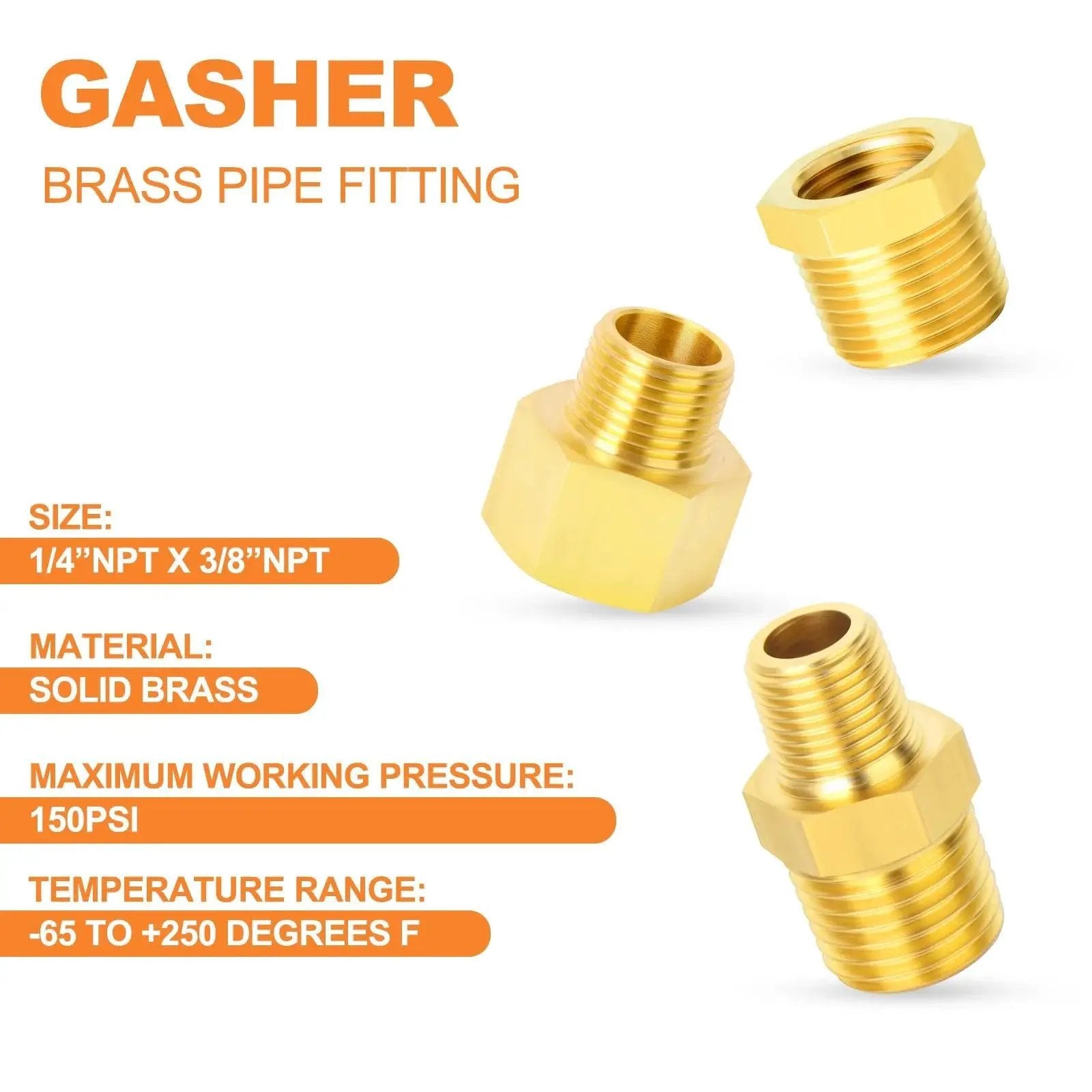 Durable Brass Pipe Fitting Set With 15 Pieces Including Hex Bushings Reducer Adapters And Reducing Nipples Three Eighths Inch NPT To Quarter Inch NPT Solid Brass Construction For Plumbing And DIY From GASHER image showing brass fittings.