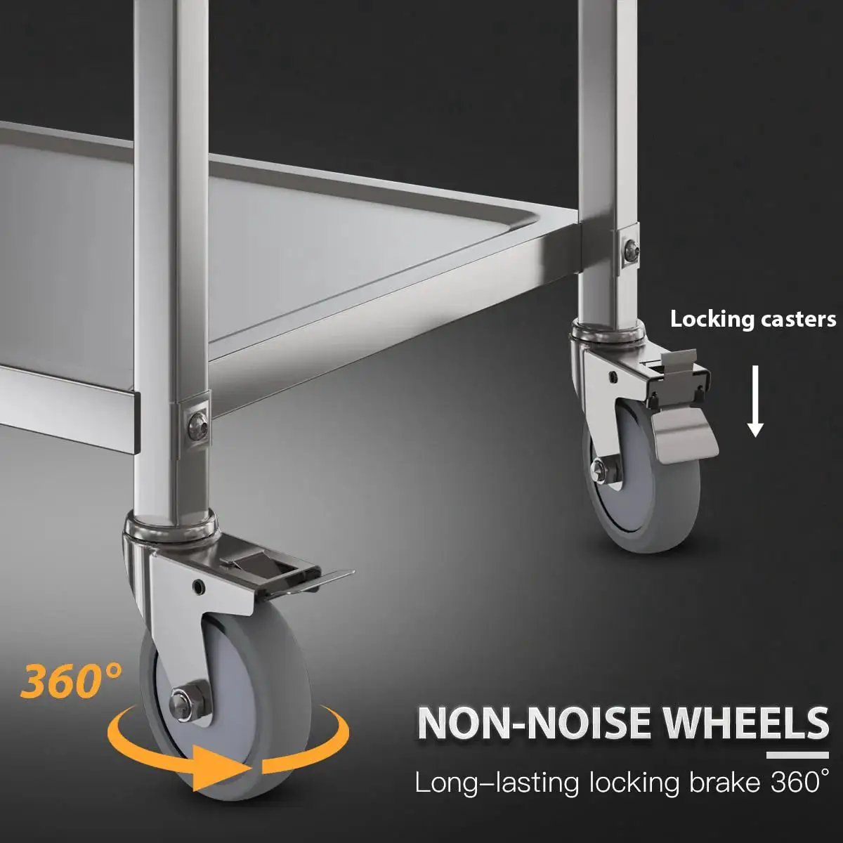 Close-up of wheels on Three Shelf Stainless Steel Serving Cart With Wheels 400 Lb Capacity 1mm Thick Steel Locking Wheels And 360 Degree Rotation.