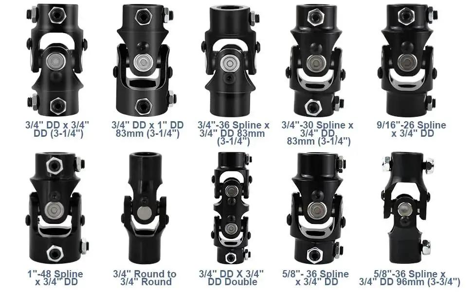 Various universal U-joints for 36 Inch Three Quarters DD Steering Shaft For Universal U Joints displayed in different configurations.
