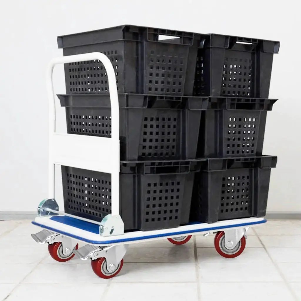 Cart loaded with black crates on Beefy 3 Inch PVC Heavy Duty Swivel Caster Wheels Set Of 4 With Dual Locking Brakes Rubber Non Marking Polyurethane