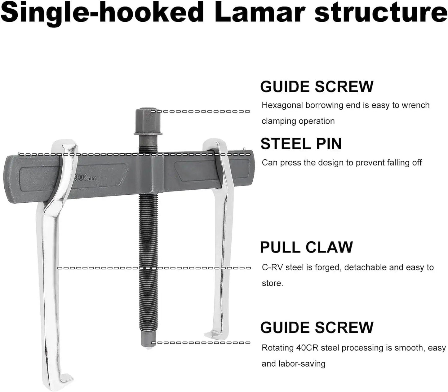 Diagram showing parts of a 12 Inch Two Jaw Gear Puller With Adjustable Clamping Depth And Reversible Pulling Action For External And Internal Removal.