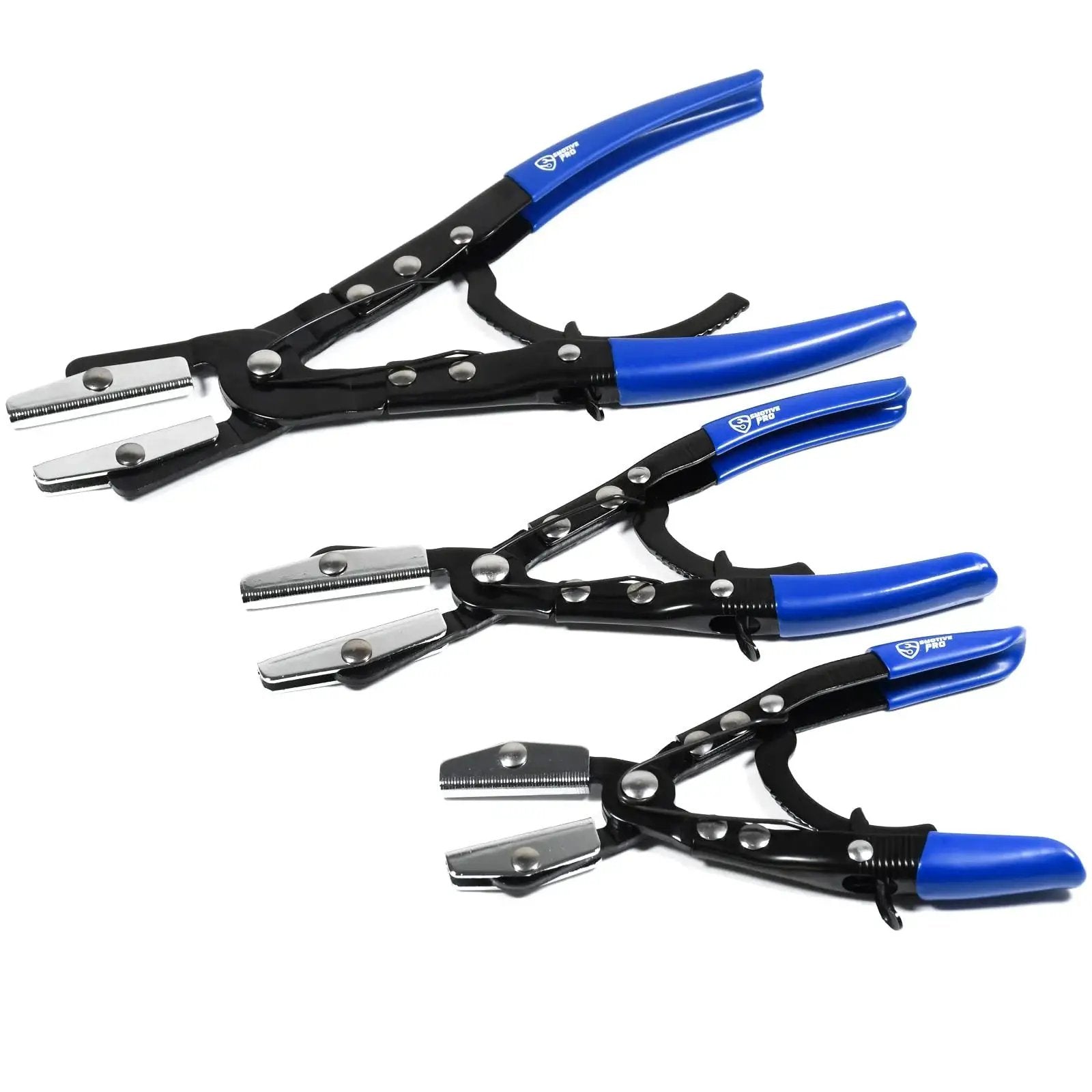 3Pcs Ratcheting Hose Pinch Off Pliers Set For Automotive Cooling And Fuel Lines, includes 8in, 10in, 12in sizes with blue handles