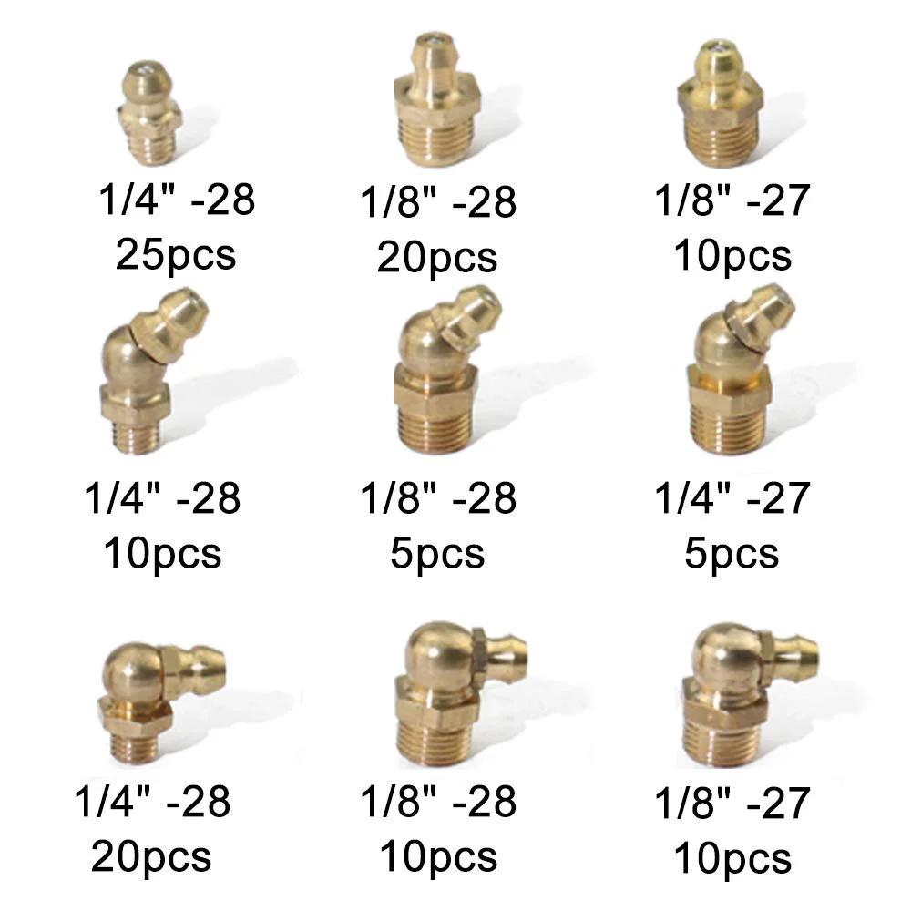 115 Piece SAE Brass Zerk Fitting Assortment Kit for Hydraulic Grease Straight One Quarter Inch Twenty Eight Threads One Eighth Inch and Forty Five Degree and Ninety Degree Angled Zerk Set Heavy Duty Brass Bronze Construction Plastic Case Included, fittings displayed by size and quantity