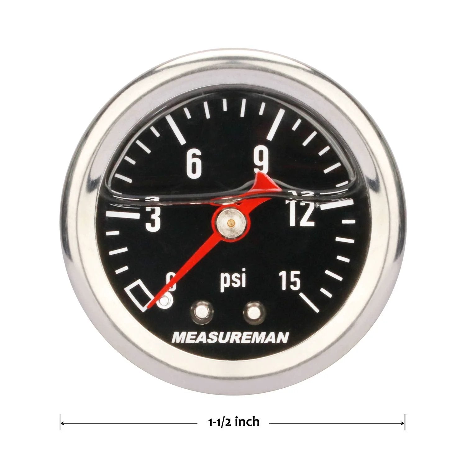 Liquid Filled Fuel Pressure Gauge, 1.5 Inch Black Dial, 304 Stainless Steel Case, Brass Wetted Parts, Glycerin Filled, 0-15 PSI