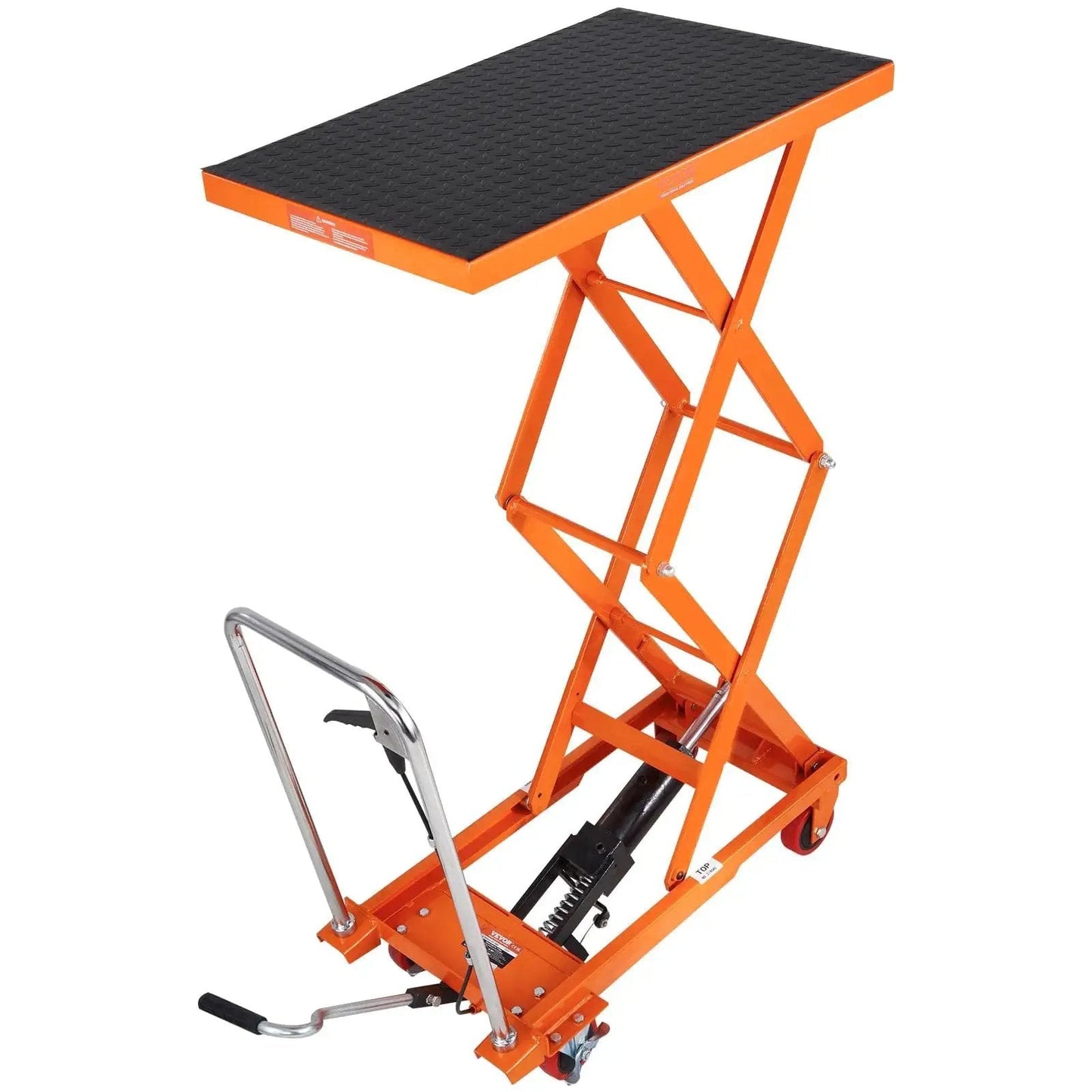 Manual Hydraulic Lift Table Cart 330lb Capacity 50in Lift With 4 Wheels, orange frame, raised platform with hydraulic mechanism.