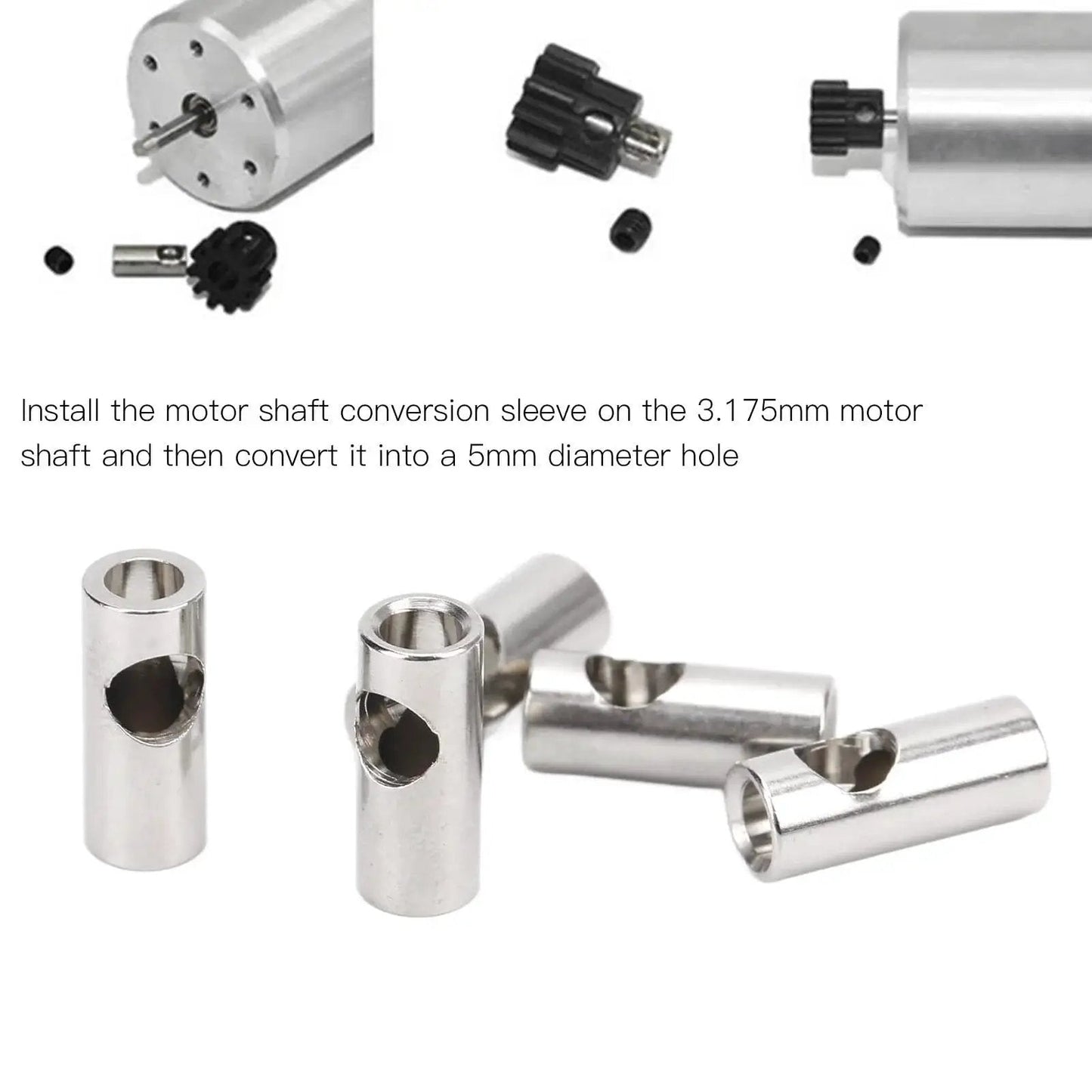 RC Pinion Gear Adapter 3.175mm To 5mm Shaft Reducer Sleeve For 3650 550 540 Motors, stainless steel set and installation view