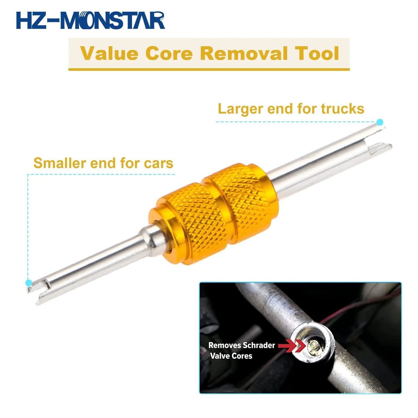 Value core removal tool with smaller end for cars and larger end for trucks, shown removing Schrader valve cores.