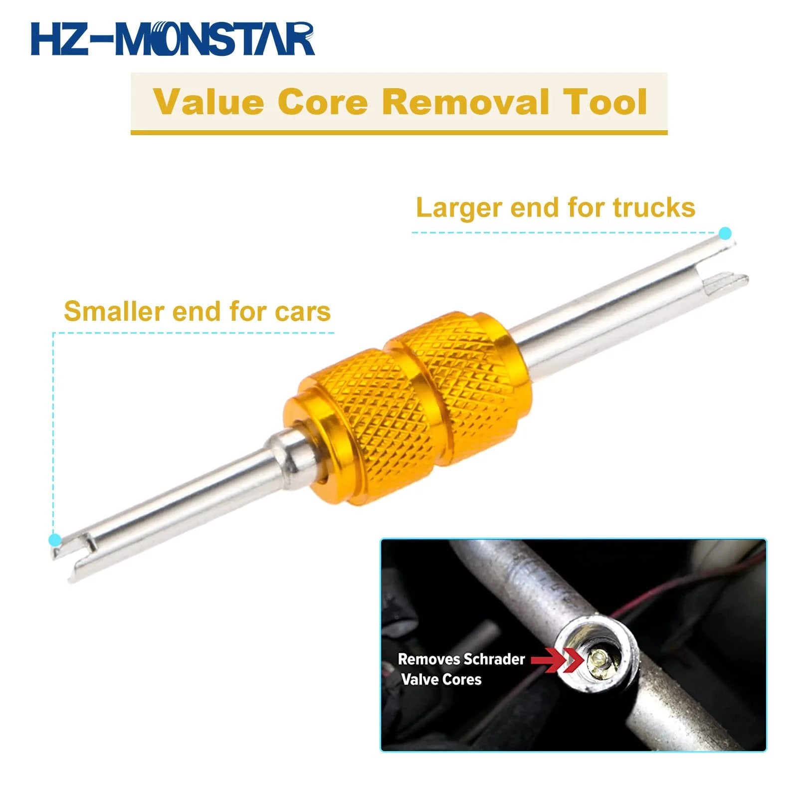Value core removal tool with smaller end for cars and larger end for trucks, shown removing Schrader valve cores.