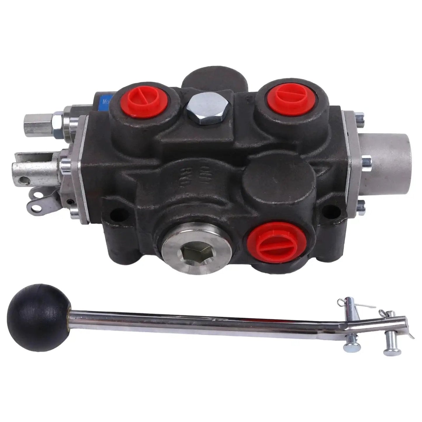 4 Way 3 Position Hydraulic Control Valve RD512CA5A4B1 with red caps and lever, compatible with 5100 Series, new condition.