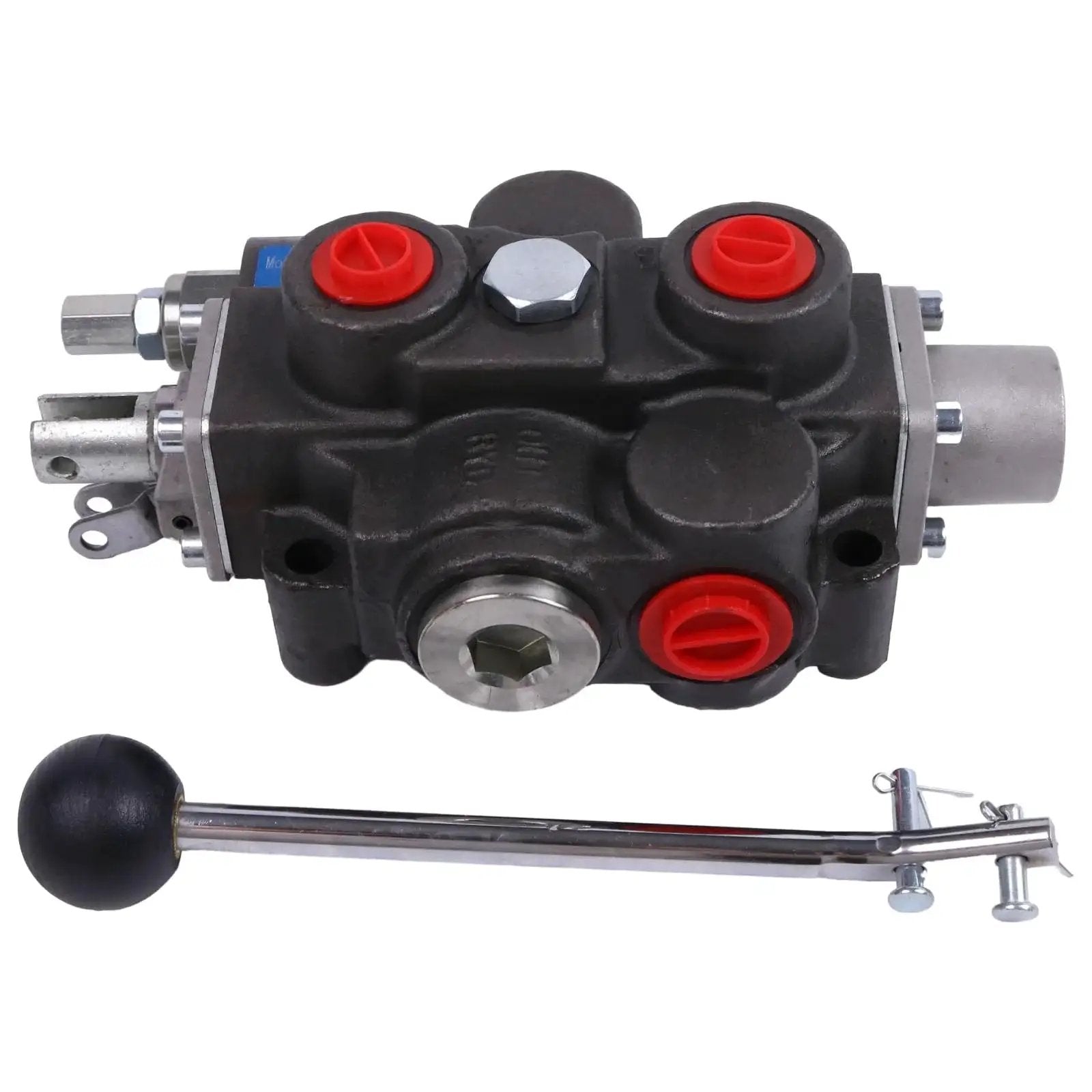 4 Way 3 Position Hydraulic Control Valve RD512CA5A4B1 with red caps and lever, compatible with 5100 Series, new condition.