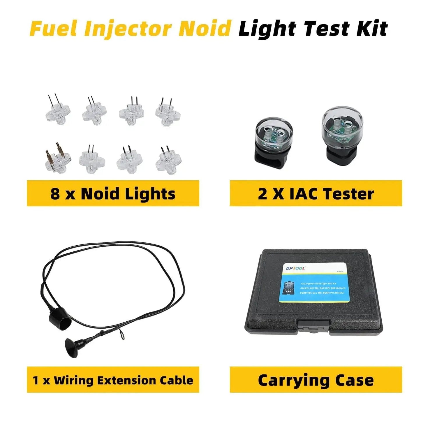Fuel Injector Noid Light Test Kit For GM Ford Bosch PFI TBI IAC Troubleshooter with noid lights, IAC testers, extension cable, and case
