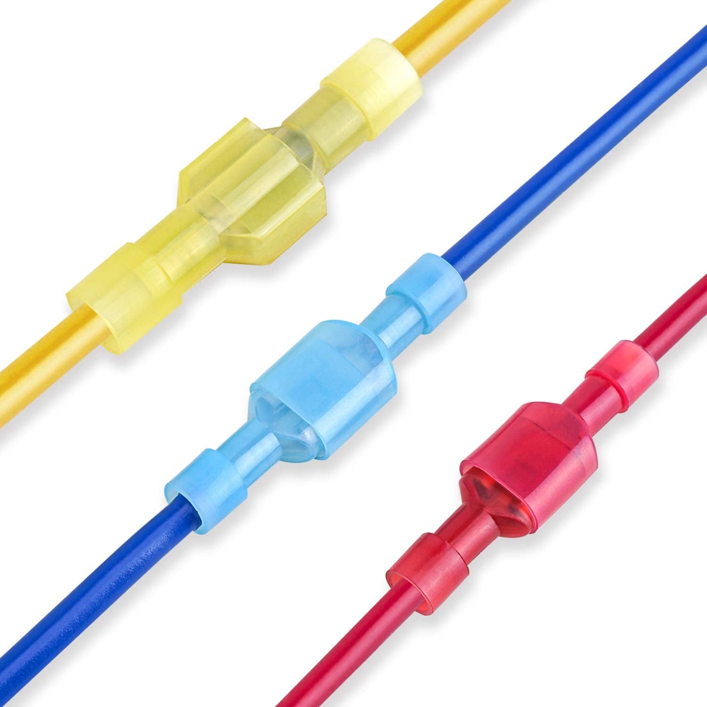 Nylon Spade Quick Disconnect Connectors Kit For Auto And Home Wiring With Premium Insulated Terminals, Male And Female Crimp Spade Terminal Assortment, 100 Pcs For DIY Electrical Projects By TICONN, showing red, blue, yellow connectors.