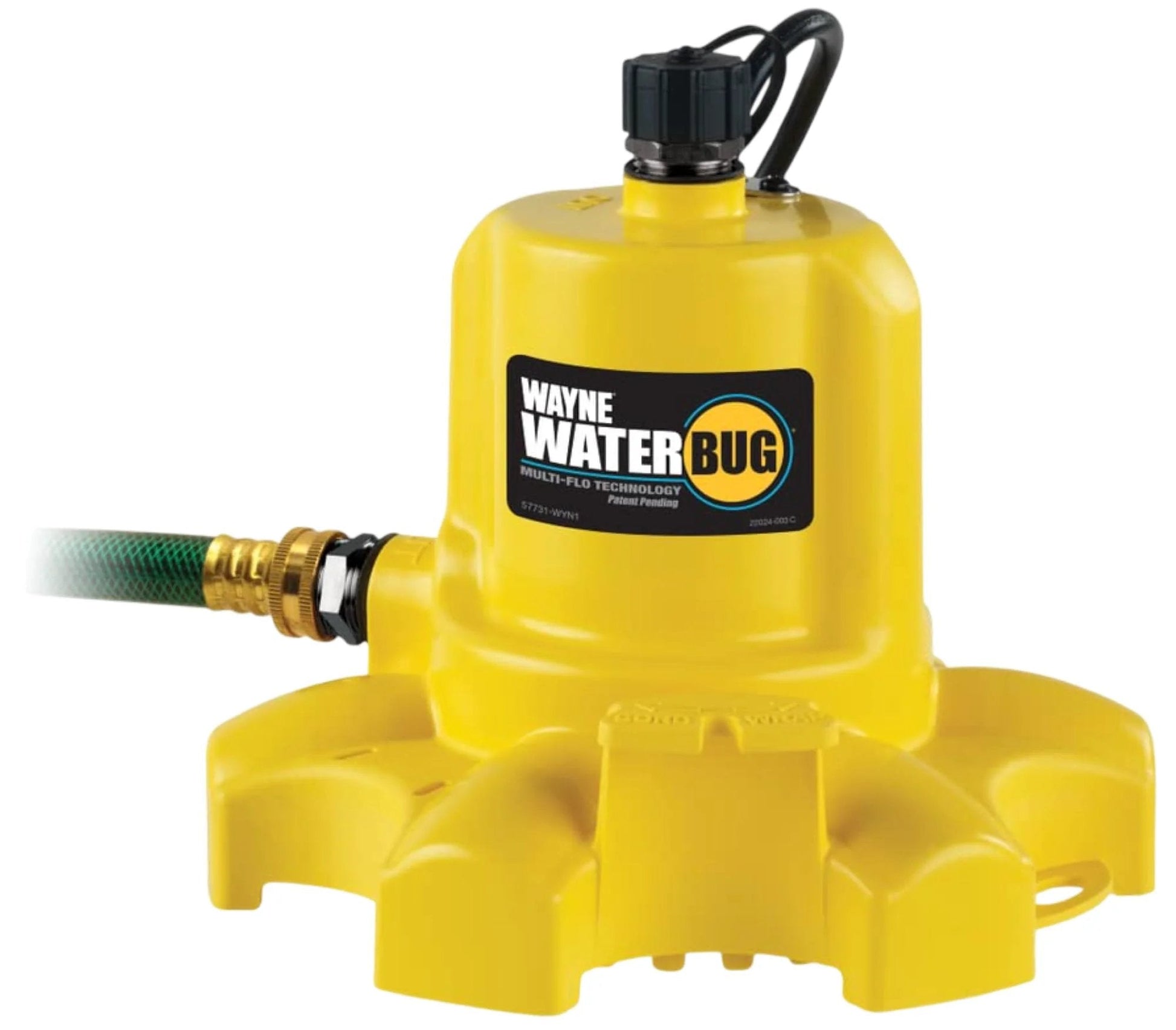 Fast Water Removal Submersible Pump With Multi Flo Technology For Tight Spaces And Basements One Sixth HP 1350 GPH Ideal For Window Wells And Transfer Tasks Yellow Wayne in yellow color, with hose attachment, compact design.