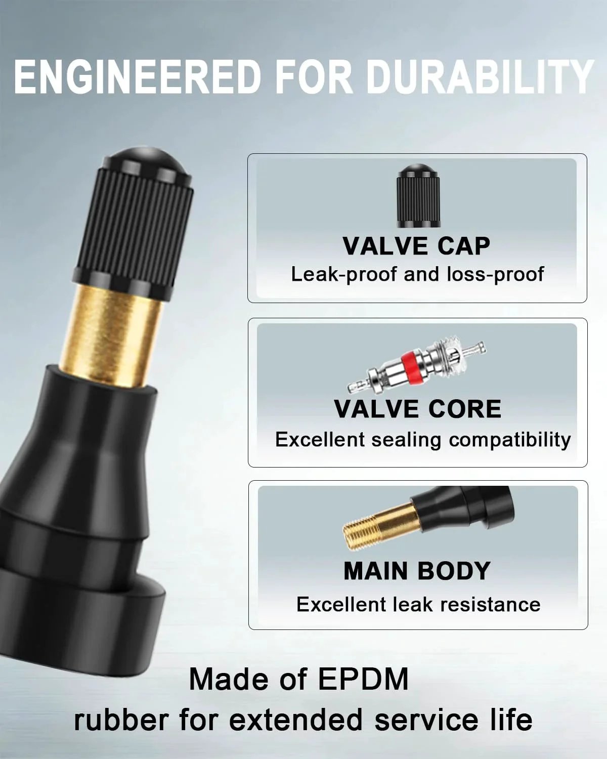 Diagram of TR600 High Pressure Tire Valve Stem components with labels for valve cap, core, and main body made from EPDM rubber.
