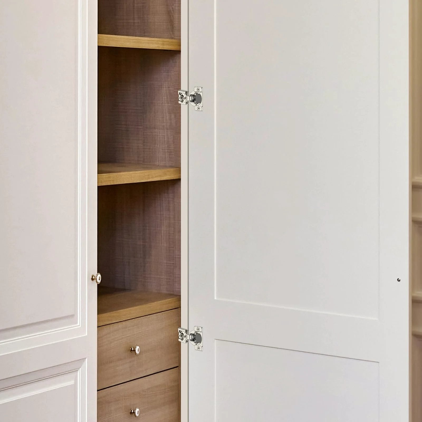 10 Pack Half Inch Overlay Soft Close Cabinet Hinges Satin Nickel Stainless Steel Concealed Hinges With 3D Self Closing for Face Frame Doors and Kitchens installed on white cabinet doors