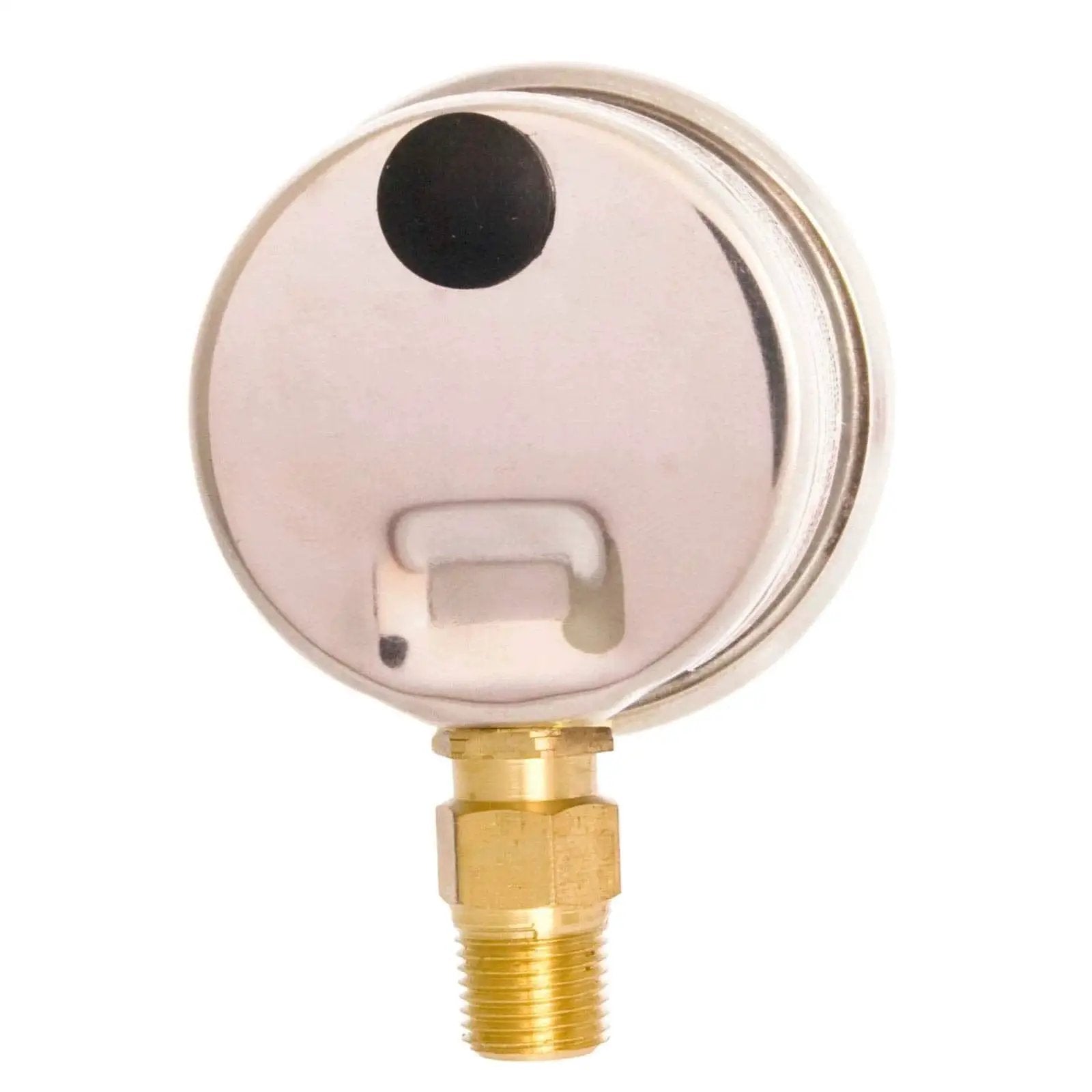 Oil Filled Pressure Gauge One And One Half Inch Stainless Steel Case With Brass Construction One Eighth Inch NPT Lower Mount Connection Zero To One Hundred PSI Designed For Hydraulics And Pneumatics Durable Readout High Accuracy back view