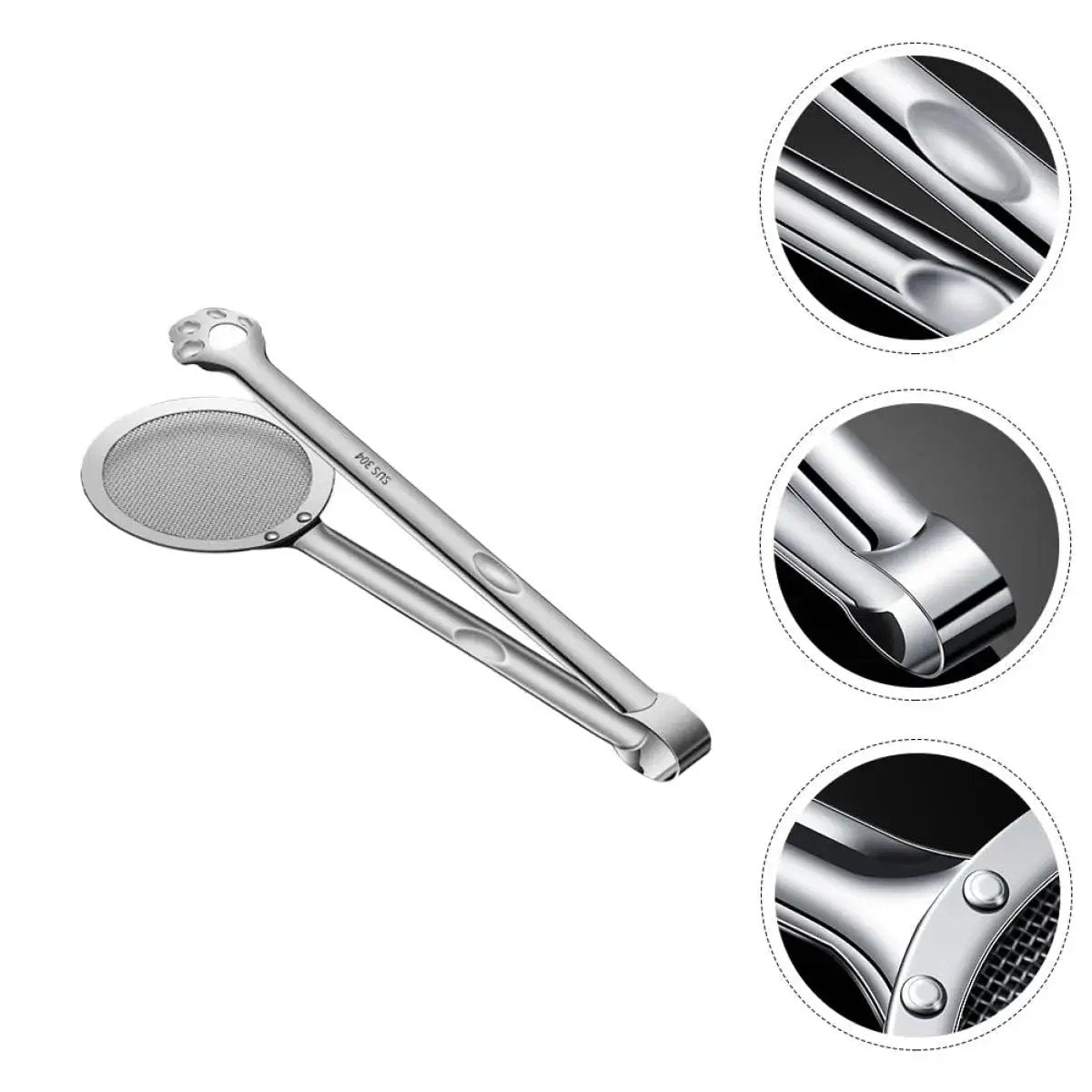 Stainless Steel Oil Strainer Spoon And Frying Oil Filter Clamp With 304 Claw Design for kitchen use, shown with close-up details of design.