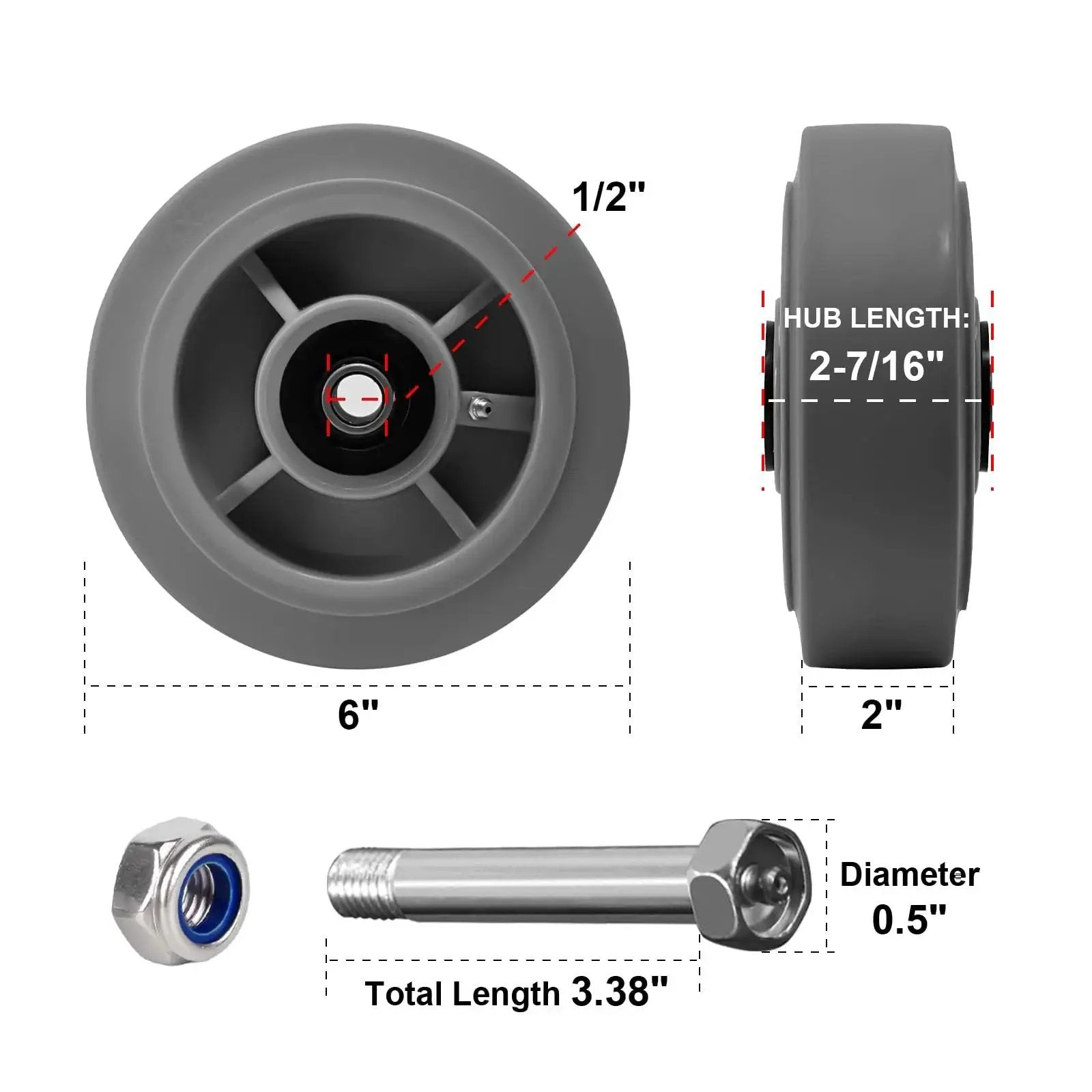 Heavy Duty 6 Inch By 2 Inch Rubber Tread Caster Wheels Set Of 4 With 1/2 Inch Bore For Carts And Hotels Quiet Indoor Use measurement diagram