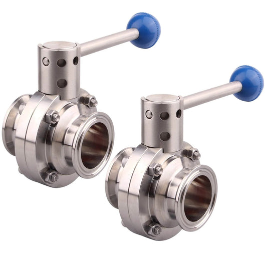 2 Pack 1.5 Inch Tri Clamp Sanitary Butterfly Valve With Pull Handle In 304 Stainless Steel Clover Style For 1.5 Inch Tube OD Max Pressure 1.6 MPa Temperature Range 15 F To 200 F 100 Percent Hydraulic Pressure Tested DERNORD