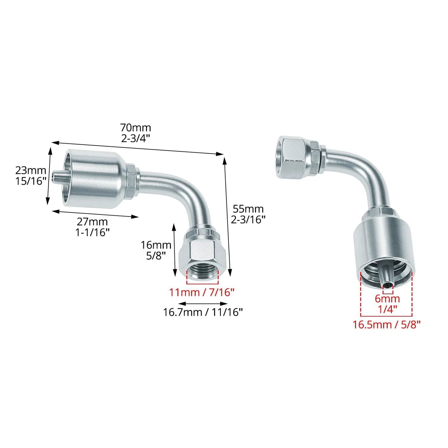10 Pack 1/4 Inch Hydraulic Fittings Set QWORK 1/4 Inch JIC 37 Degree Female 90 Degree Swivel Crimp Fittings with measurements.
