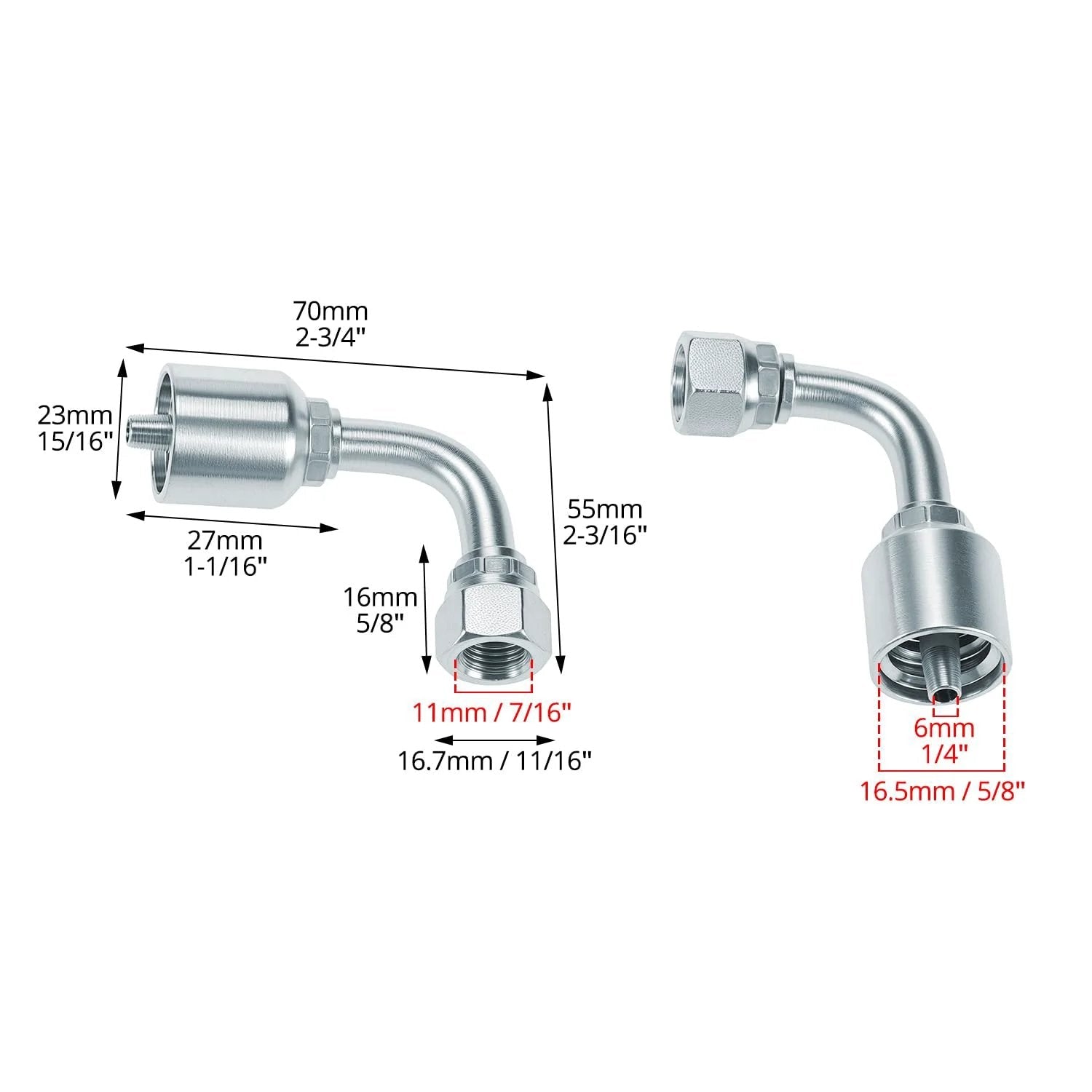 10 Pack 1/4 Inch Hydraulic Fittings Set QWORK 1/4 Inch JIC 37 Degree Female 90 Degree Swivel Crimp Fittings with measurements.