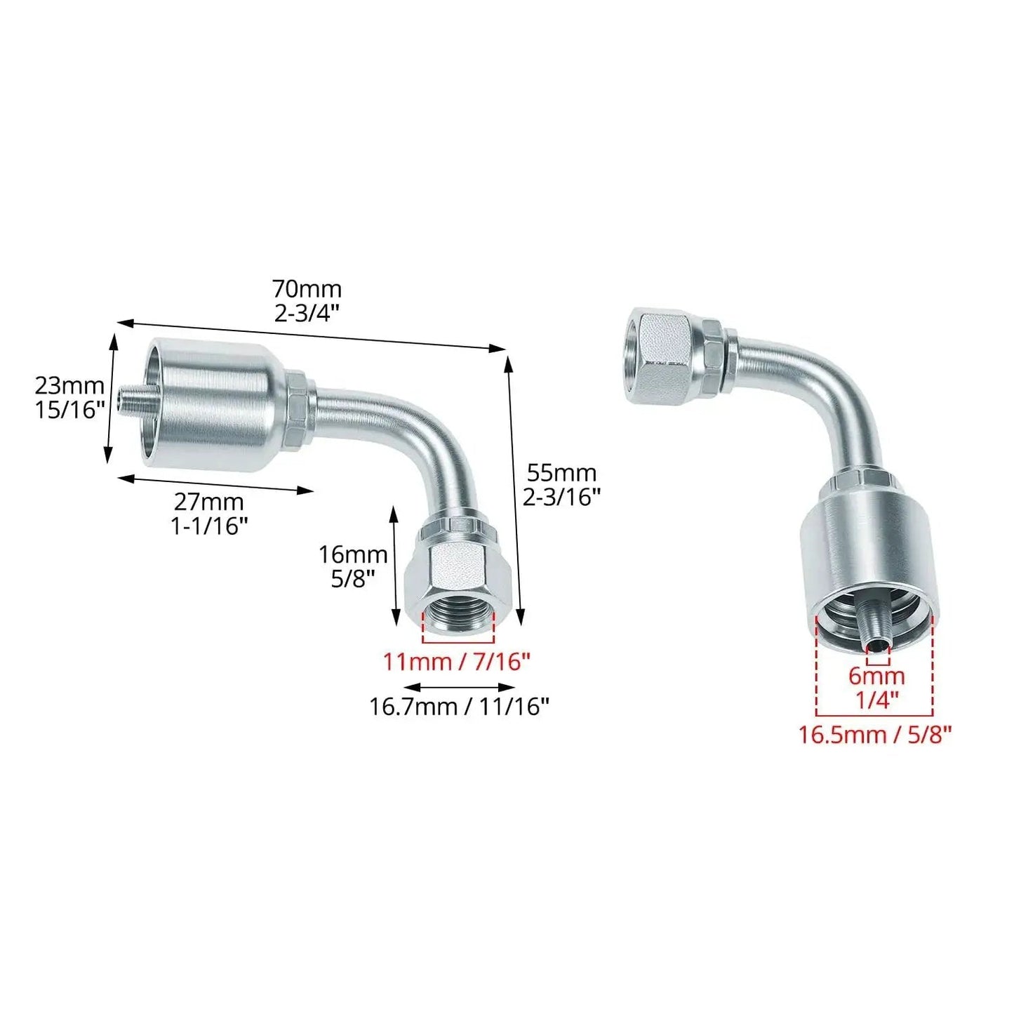 10 Pack One Quarter Inch Hydraulic Fittings Kit With One Quarter Inch JIC 37 Degree Female 90 Degree Swivel End Permanent Crimp Fittings For Hose Repair Leak Proof Connections Heavy Duty DIY Hydraulic Line Fix, showing two stainless steel fittings with dimensions for hoses.