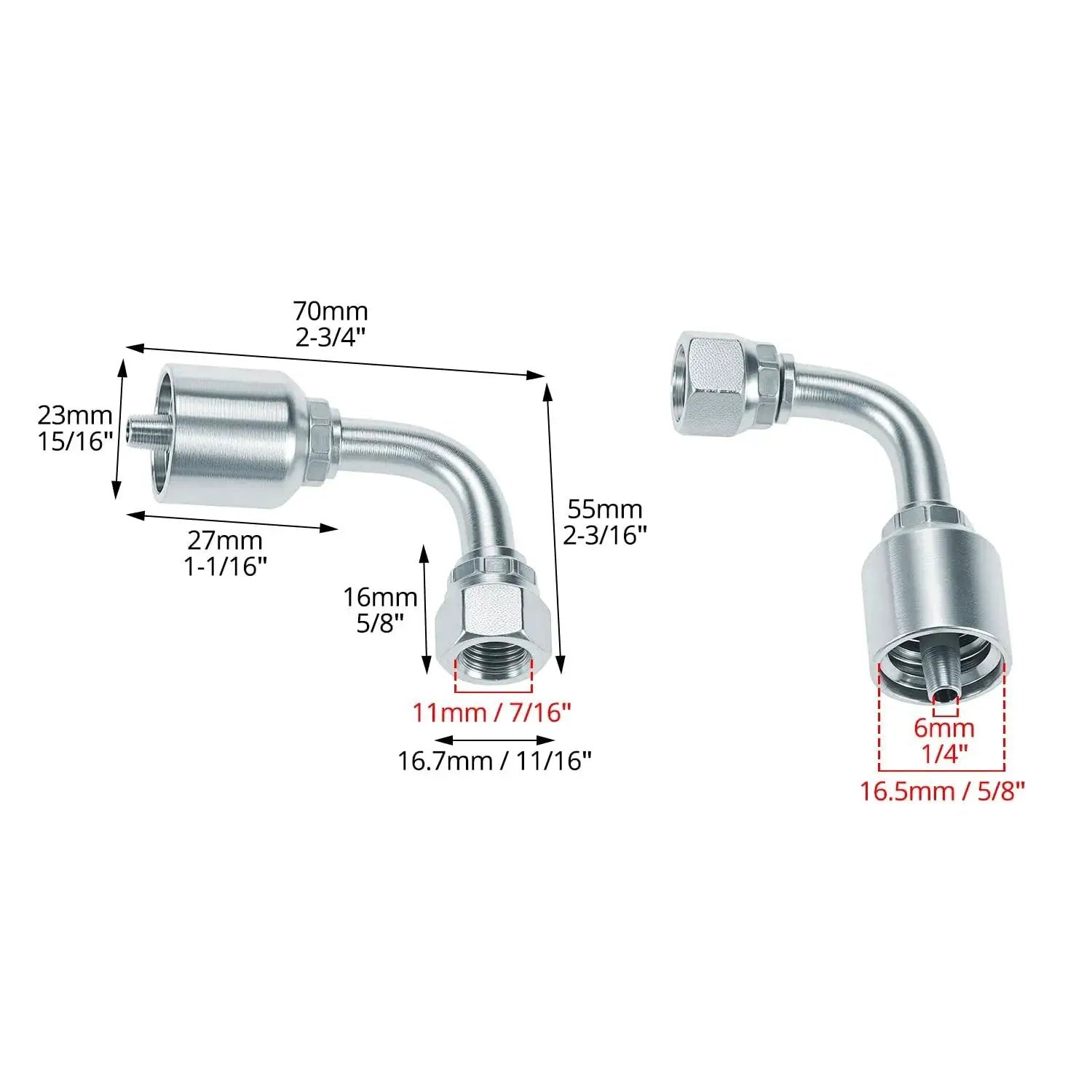 10 Pack One Quarter Inch Hydraulic Fittings Kit With One Quarter Inch JIC 37 Degree Female 90 Degree Swivel End Permanent Crimp Fittings For Hose Repair Leak Proof Connections Heavy Duty DIY Hydraulic Line Fix, showing two stainless steel fittings with dimensions for hoses.