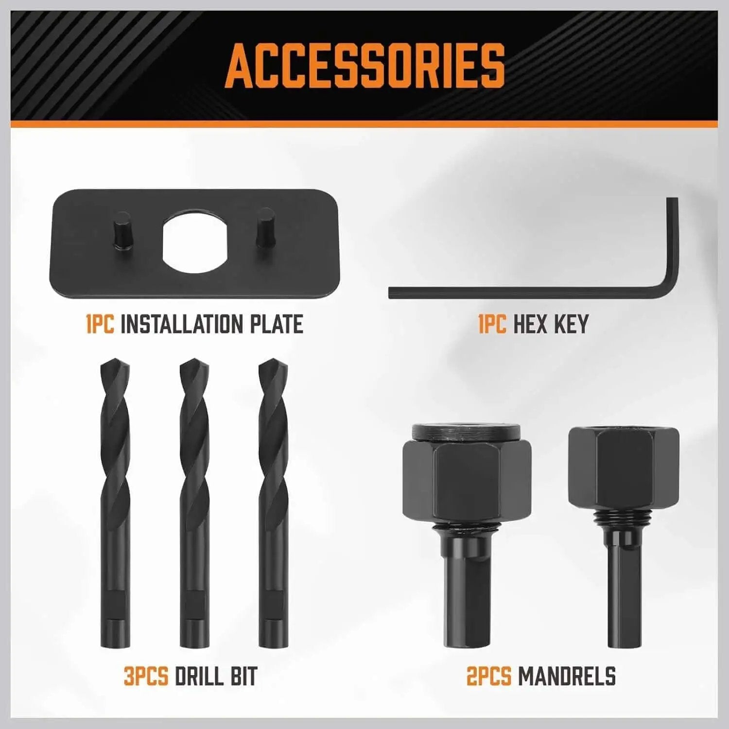 Accessories in the Complete 24 Piece Hole Saw Kit With 17 Blades 2 Mandrels 3 Drill Bits And Installation Plate For Drywall Wood Plastic And PVC Fast Clean Holes For Home Improvement Projects Durable Heat Treated Steel High Cutting Speed.