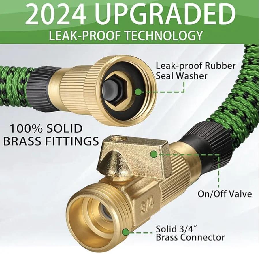 Close-up of brass connectors on 75-Foot Expandable Garden Hose With Ultra-Strong 3750D Fabric, Leak-Resistant Design.