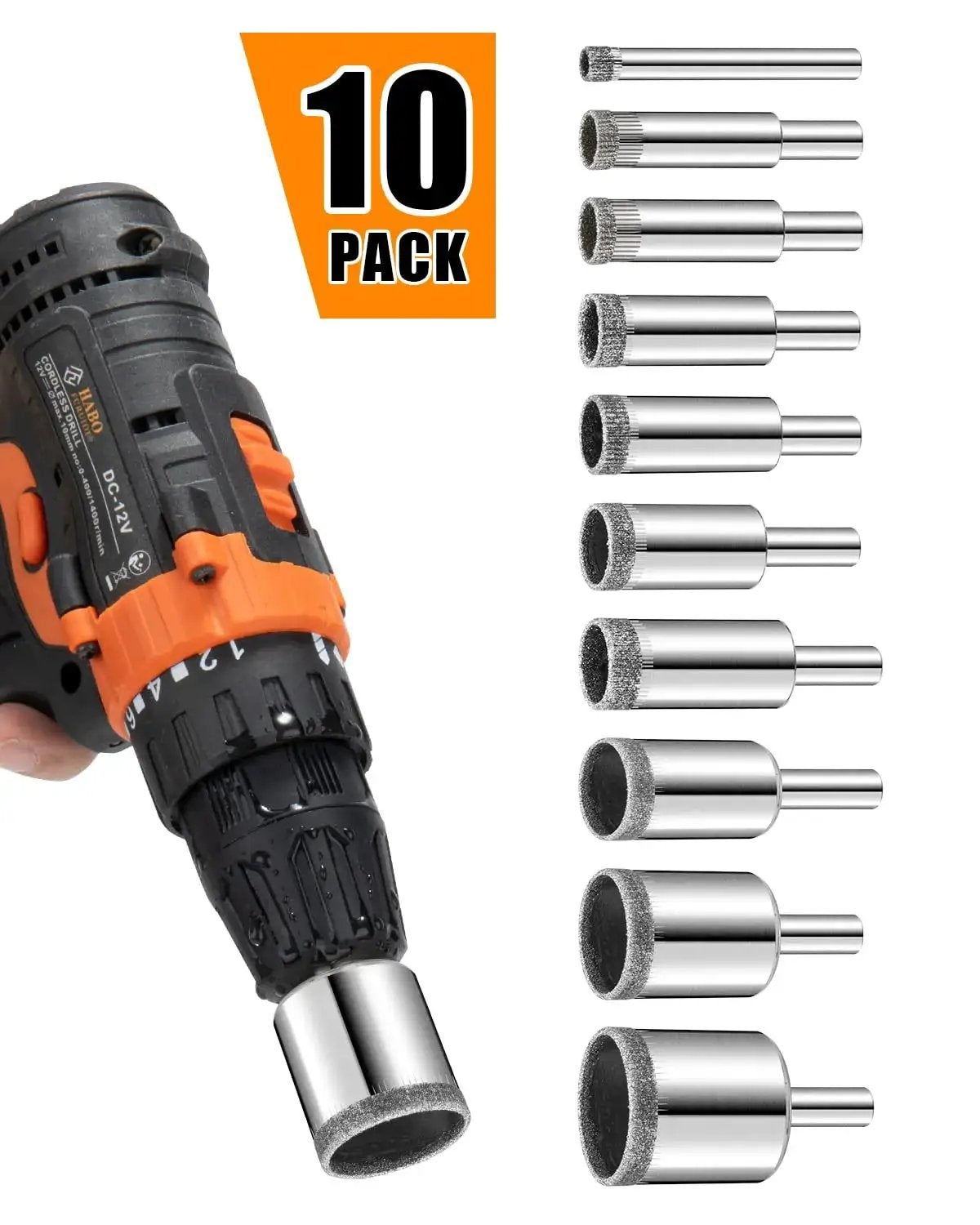 Diamond Drill Bits Set 10 Piece Diamond Hole Saw Kit For Glass, Ceramic Tile, Porcelain, Marble, Granite, Stone And Bottles