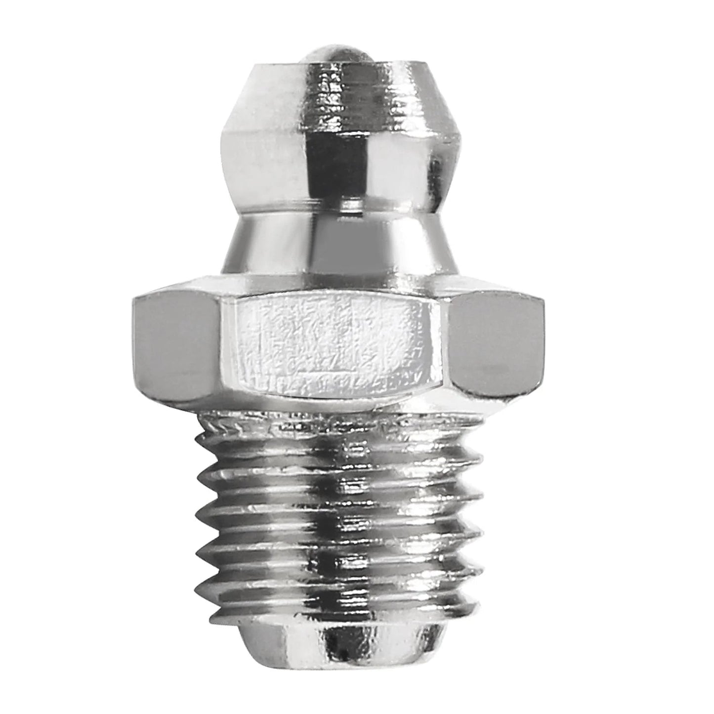 Close-up of a single zerk fitting from the 25 Piece Heavy Duty Grease Fittings Assortment Kit For Excavators 8mm By 1mm M8 Male Thread.