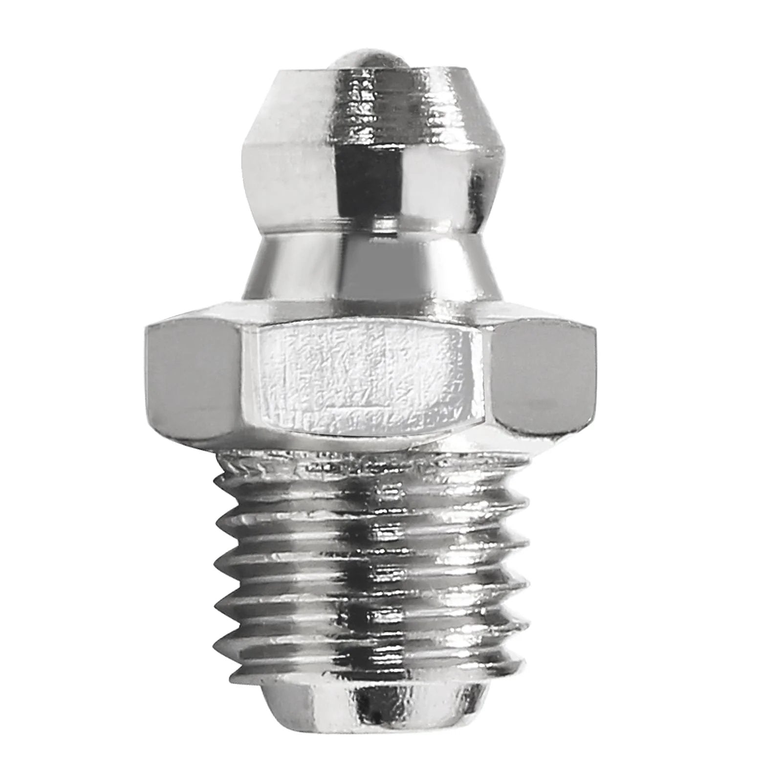 Close-up of a single zerk fitting from the 25 Piece Heavy Duty Grease Fittings Assortment Kit For Excavators 8mm By 1mm M8 Male Thread.
