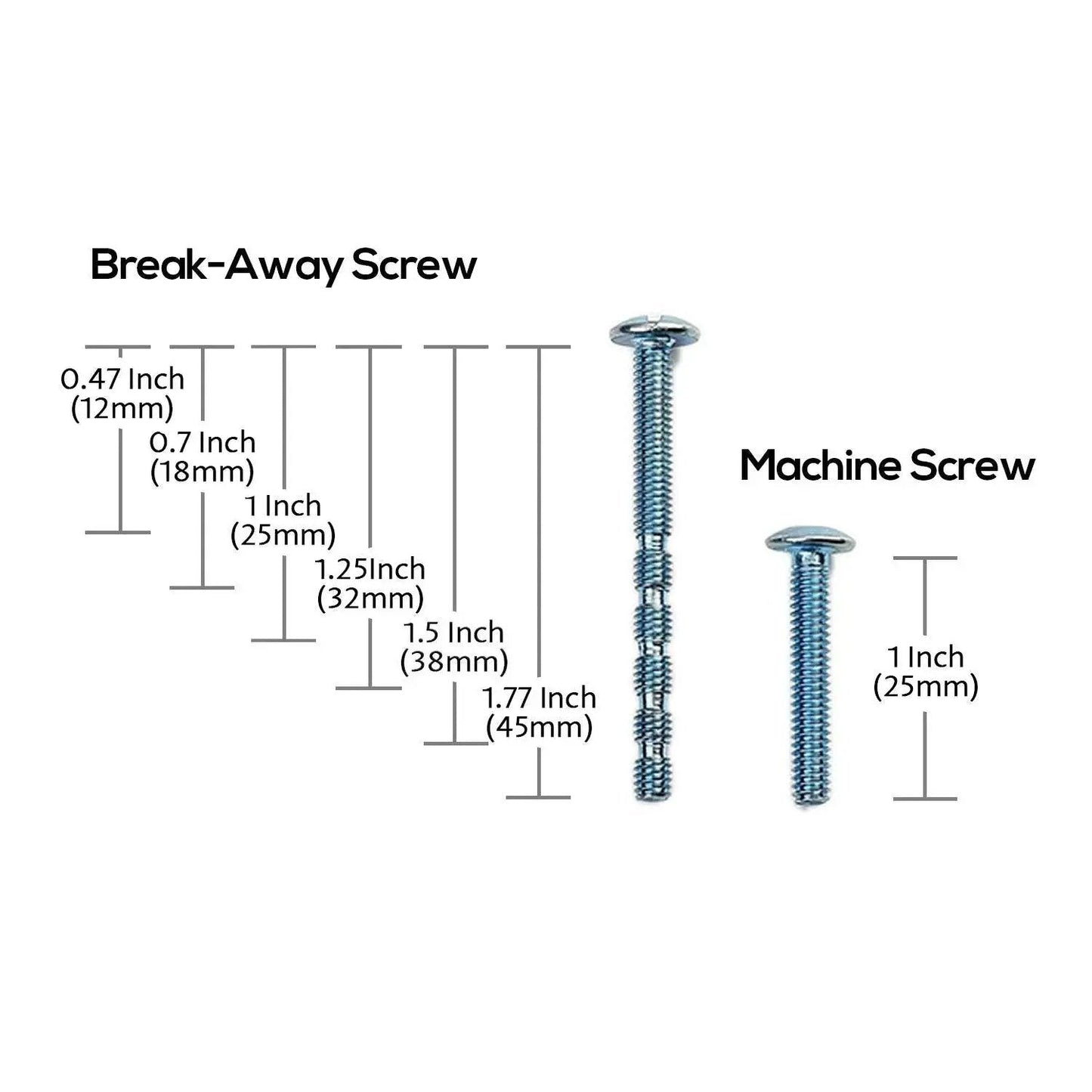 Break-away and machine screws for Brushed Satin Nickel Cabinet Cup Pulls 10 Pack With 3 Inch Hole Centers 76mm, various lengths shown.