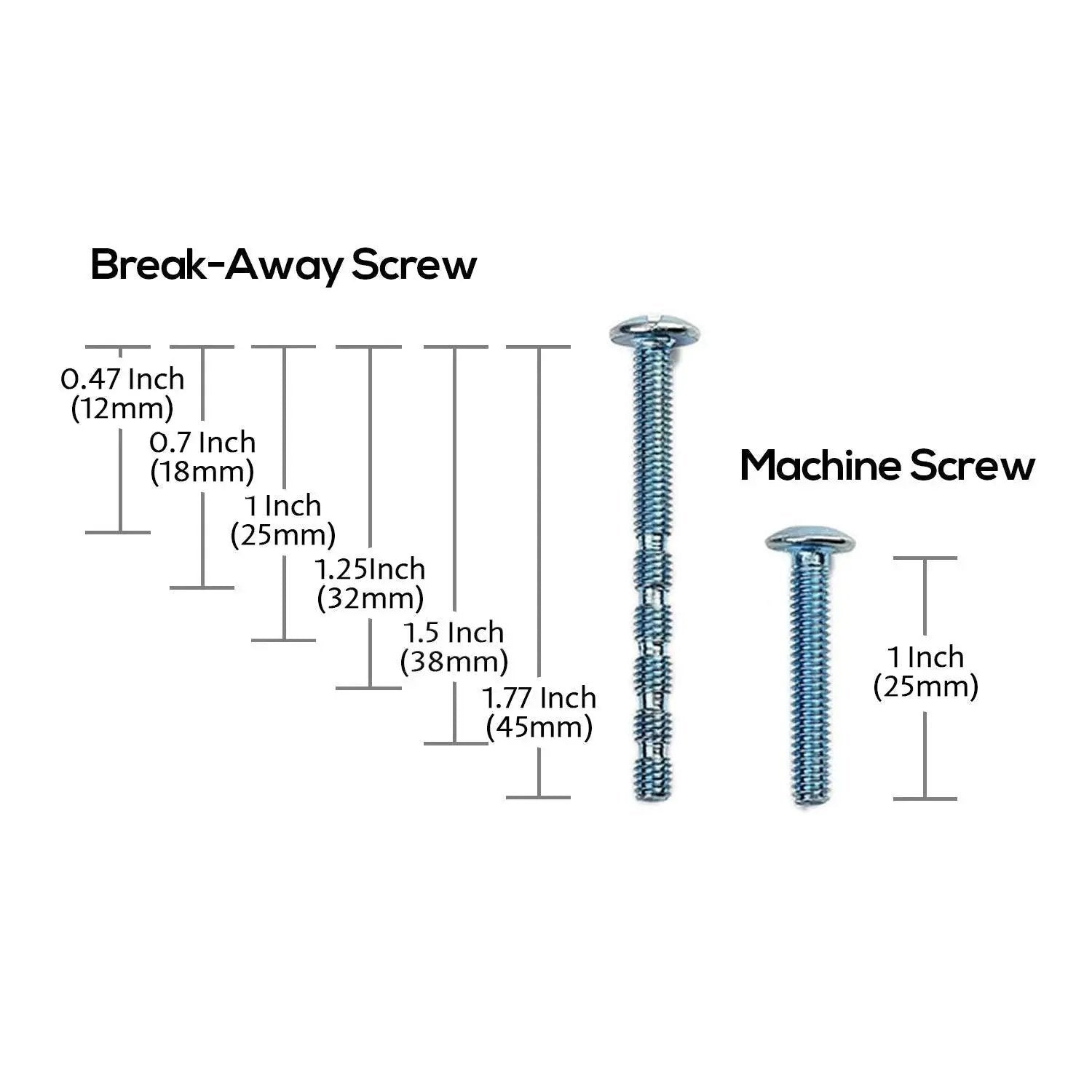 Break-away and machine screws for Brushed Satin Nickel Cabinet Cup Pulls 10 Pack With 3 Inch Hole Centers 76mm, various lengths shown.