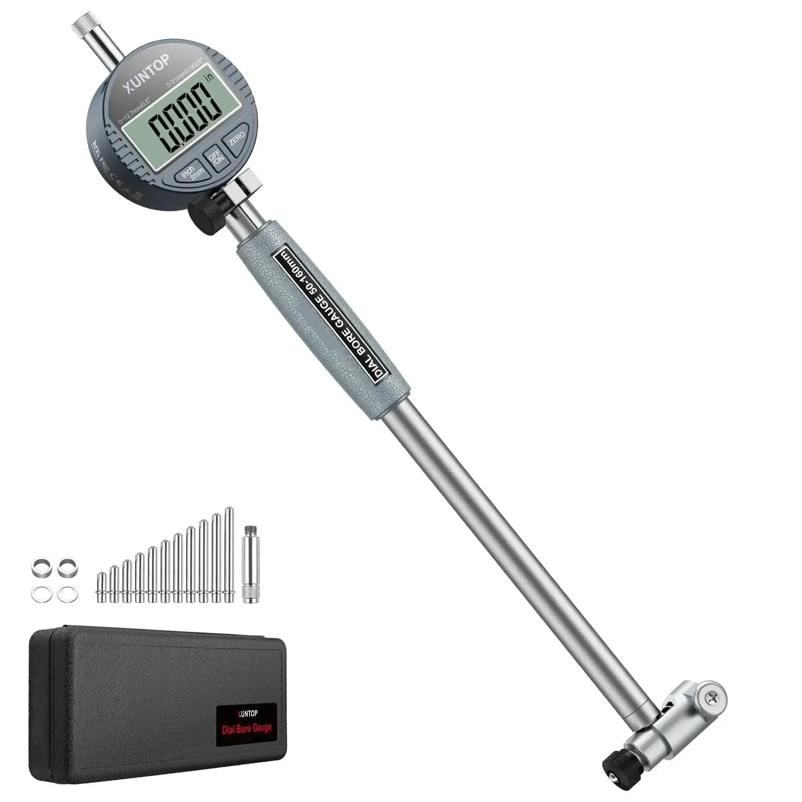 Digital Bore Gauge Set 2-6 Inch Range 50-160mm With LCD Display, 0.0005 Inch 0.01mm Precision, shown with accessories and case