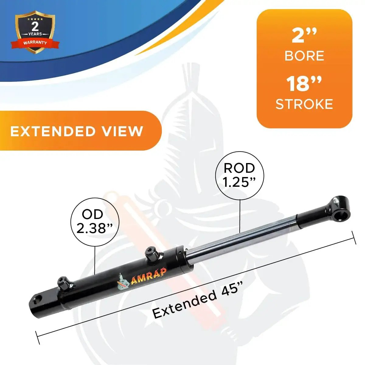 2 Inch Bore 18 Inch Stroke Double Acting Hydraulic Cylinder 3500 PSI SAE6 Ports, side view, extended rod, black finish