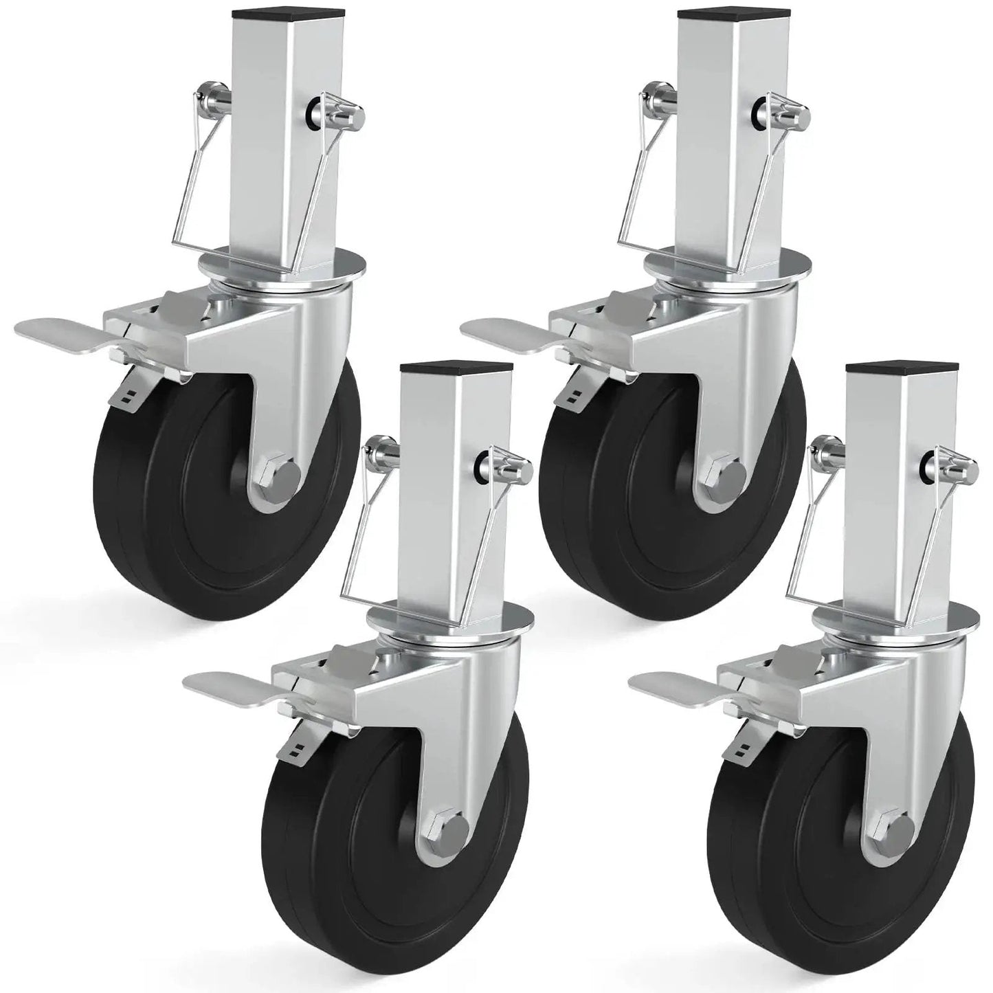 Five Inch Scaffolding Wheels Set Of Four With Dual Locking Brakes And Square Stem For Scaffolding Heavy Duty Steel Caster Wheels 440 Lbs Capacity Per Wheel Smooth Rolling And Secure Locking For Stable Construction