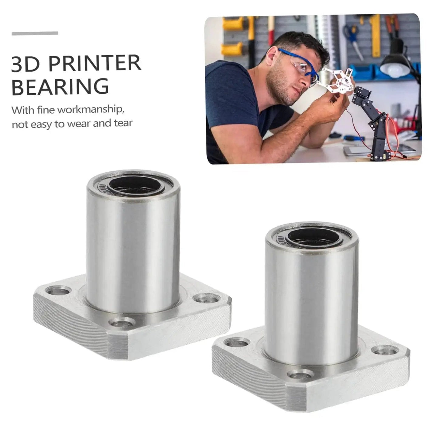 Two Pack Flange Linear Bearings for 3D Printers, shown with a maker working on a 3D printer, steel construction for reduced vibration