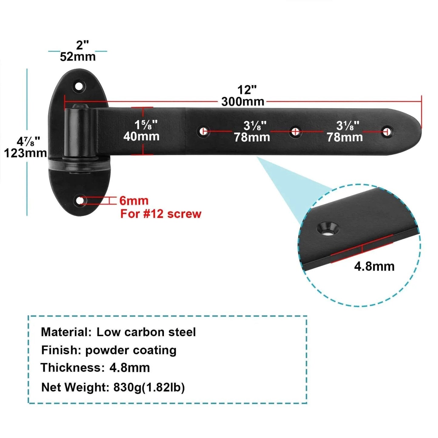 Heavy Duty 12 Inch Black T Strap Gate Hinges 4 Pack Lift Off For Barn Doors Shed Fence Three Sixteenths Inch Thick Leaf illustration