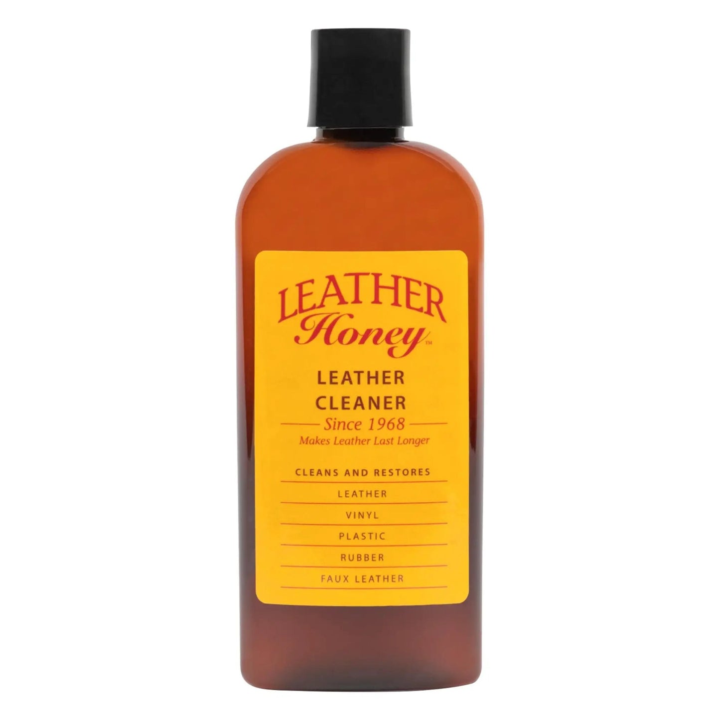 Premium Leather Cleaner For Auto Interiors And Furniture Shoes Bags And Apparel From Leather Honey Brand Non Toxic Fragrance Free Formula EPA Safer Choice 8 Oz bottle side view.