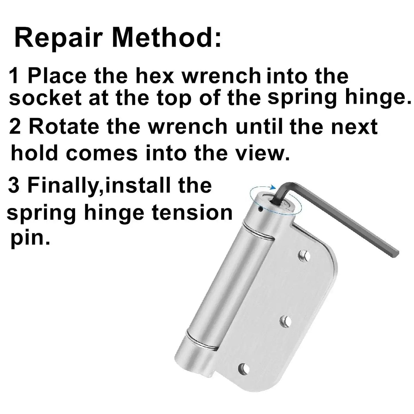Spring Hinge Tension Pin Replacement Kit With 42 Stainless Steel Shelf Pins And 4 Hex Wrenches For Self Closing Door Hinges Garage Door Closers And Cabinet Hinges image showing repair method with hinge and wrench
