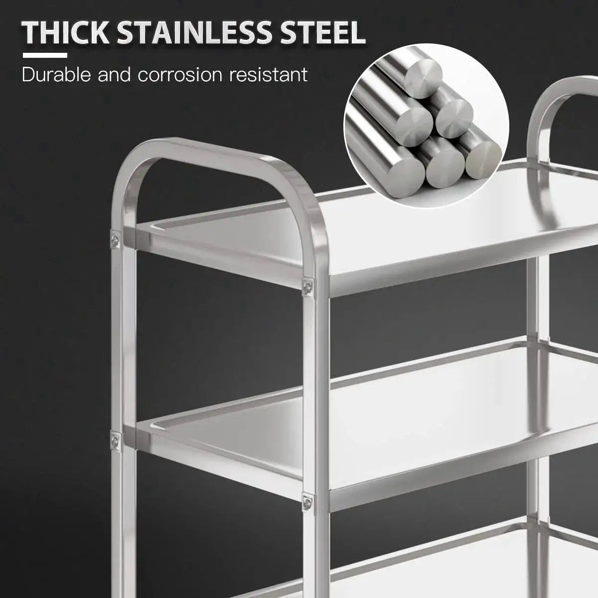 Close-up of the Three Shelf Stainless Steel Serving Cart With Wheels 400 Lb Capacity, highlighting thick steel and durable structure.