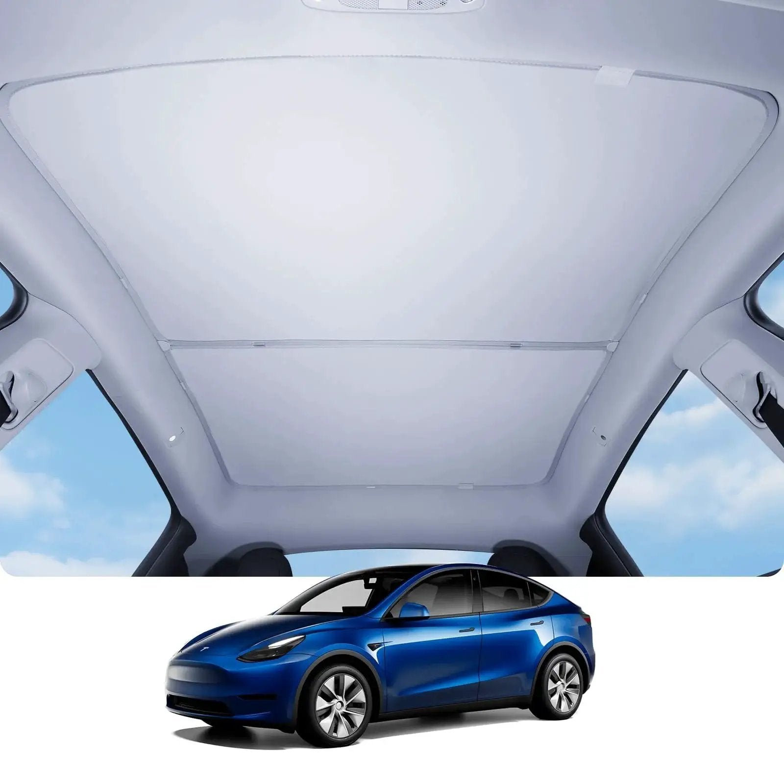 Interior view of Tesla Model Y Glass Roof Sunshade With Nano Ice Coating No Gap No Sag installed, showing gap-free design.