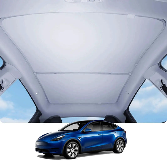 Interior view of Tesla Model Y Glass Roof Sunshade With Nano Ice Coating No Gap No Sag installed, showing gap-free design.
