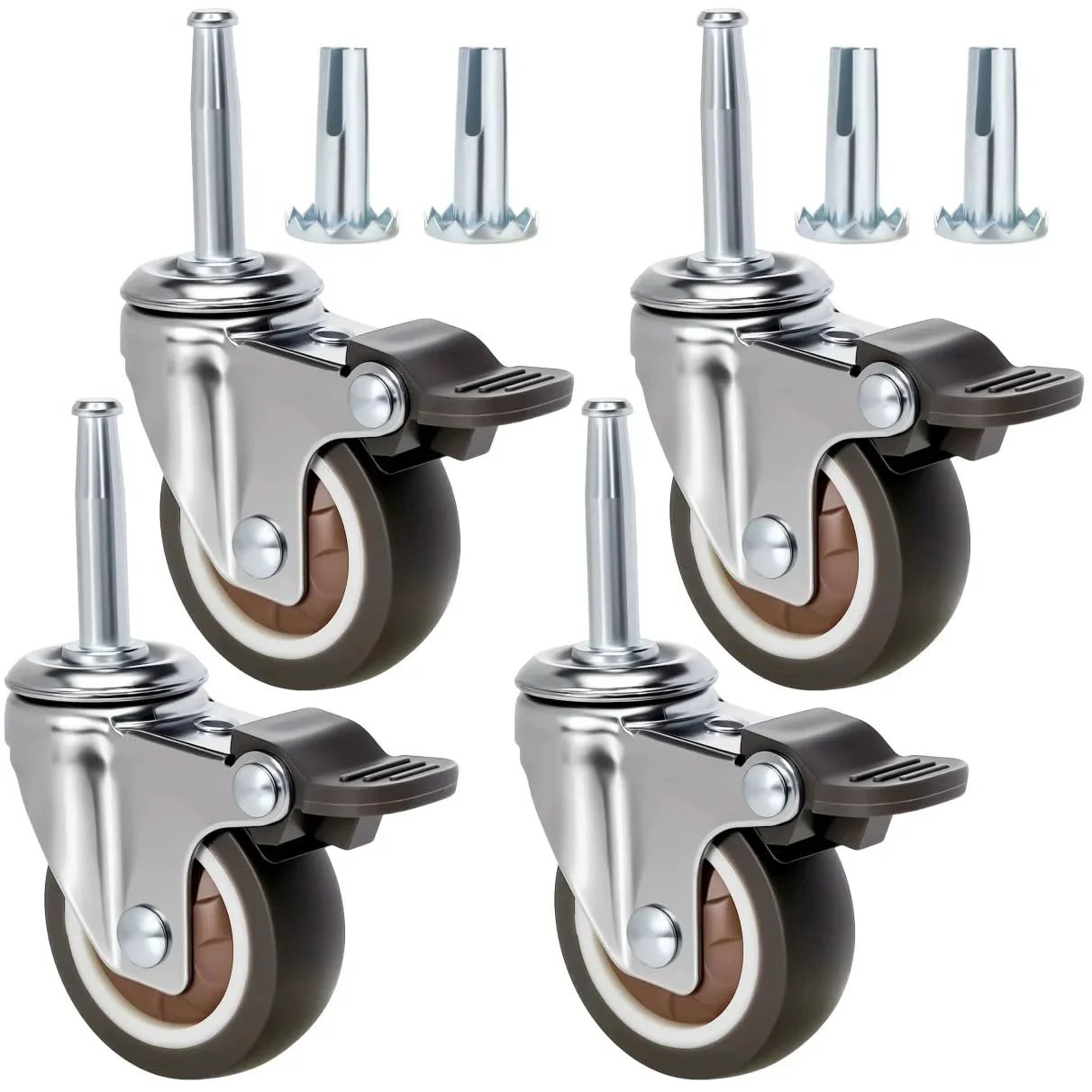 2 Inch Non Marring Rubber Caster Wheels 4 Pack With Brakes Five Sixteenths By One And One Half Inch Grip Neck Sleeve Plugs