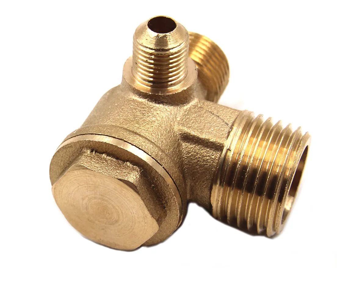 Three Port Brass Check Valve For Air Compressors, Male Threaded Replacement Fittings, High Flow Central Pneumatic Attachments, G1/8 To G3/8 To G1/2 Compatible, Durable Solid Brass Construction, Corrosion Resistant