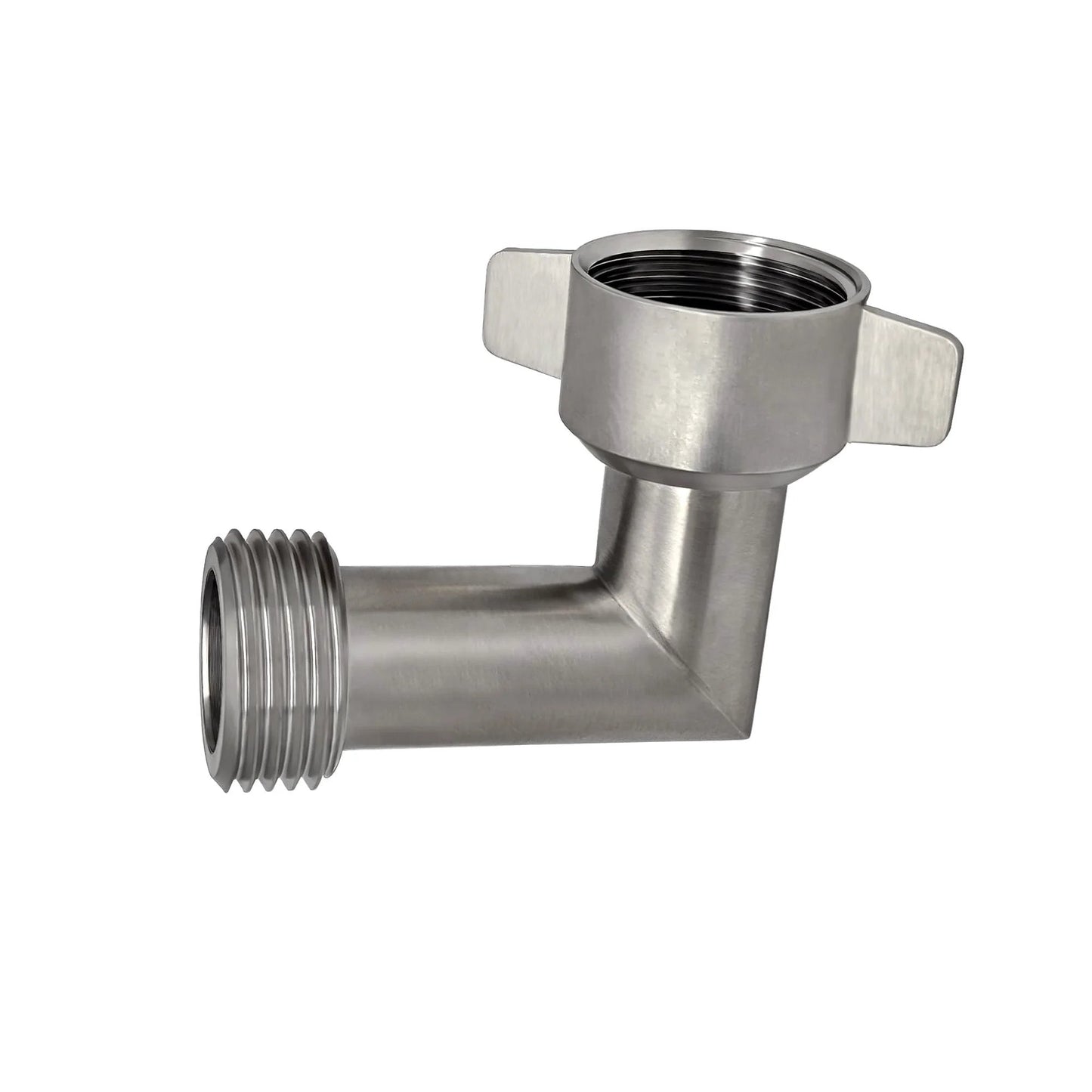 Side view of a 90 Degree Hose Elbow For RVs With Stainless Steel Construction And Easy Grip Connector GHT Three Quarter Inch Garden Hose Elbow Fitting